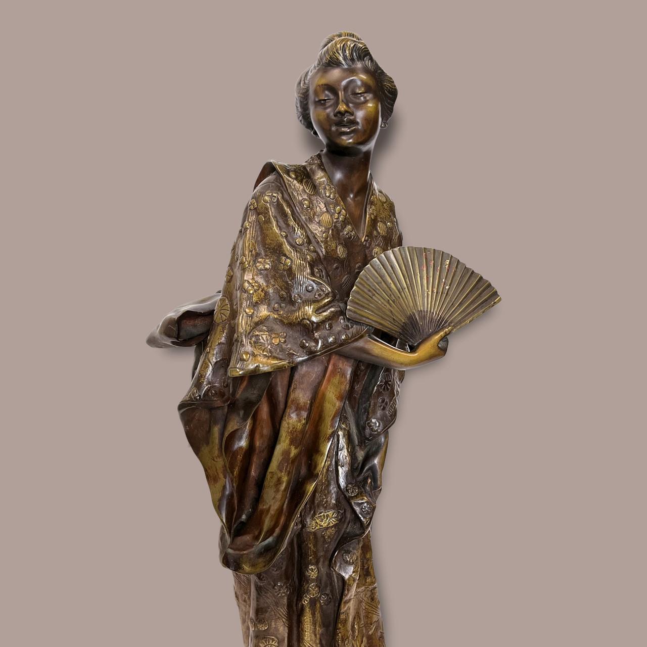 French Fine Quality Bronze Statue of a Geisha in Kimono by G. Leroux