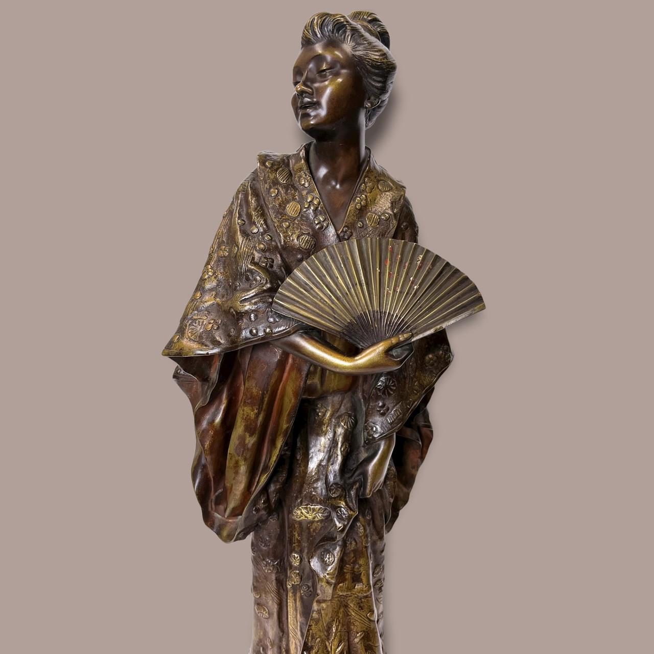 Patinated Fine Quality Bronze Statue of a Geisha in Kimono by G. Leroux