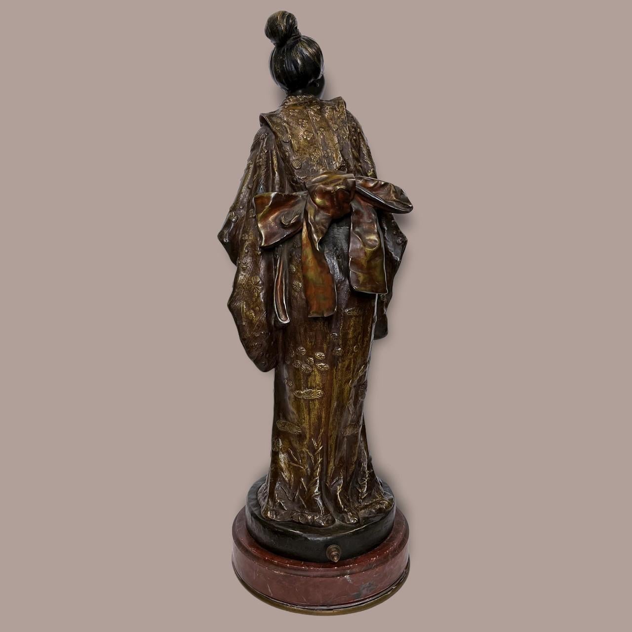 19th Century Fine Quality Bronze Statue of a Geisha in Kimono by G. Leroux