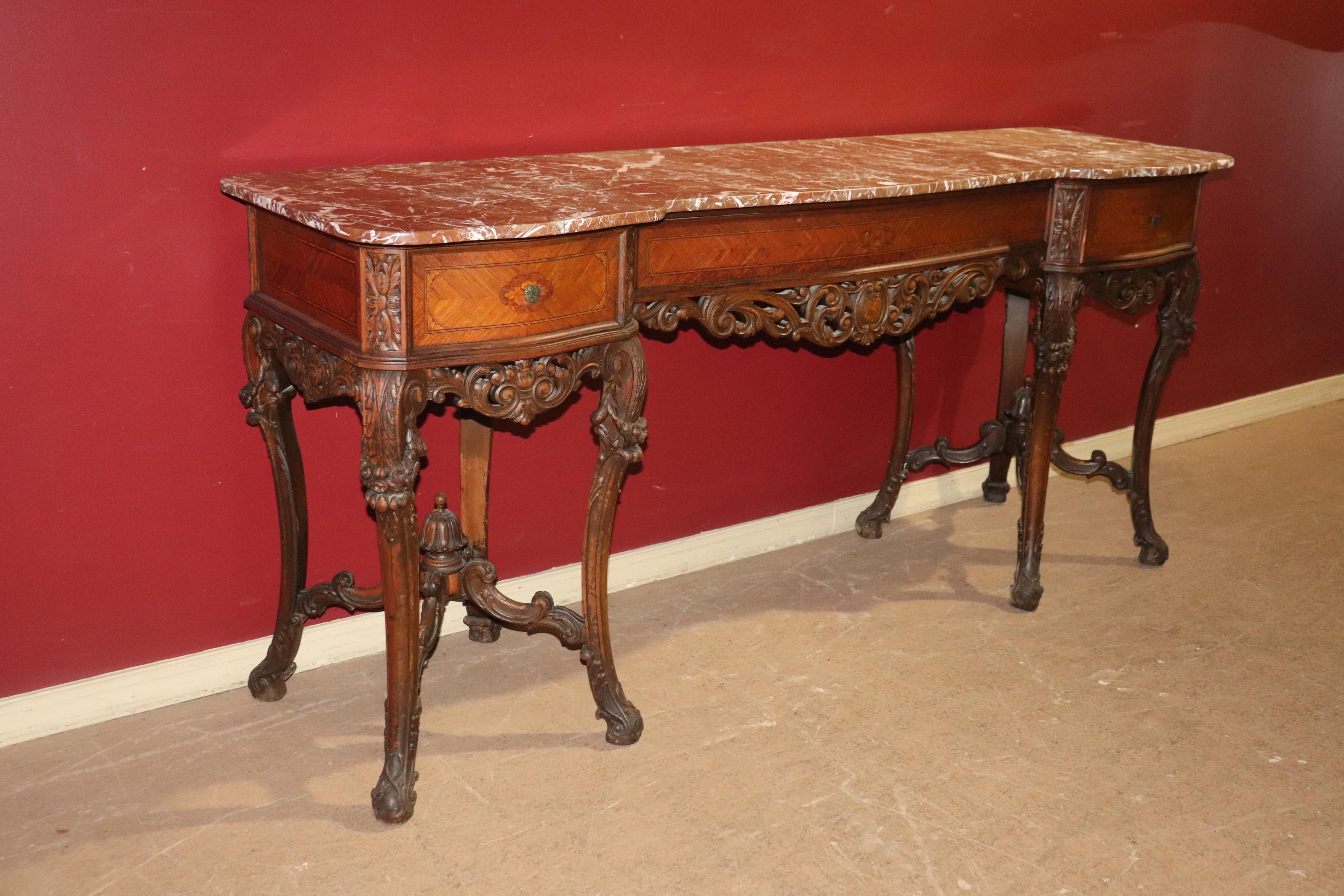 Louis XV Fine Quality Brown and White Marble Carved Walnut French Sideboard Console Table