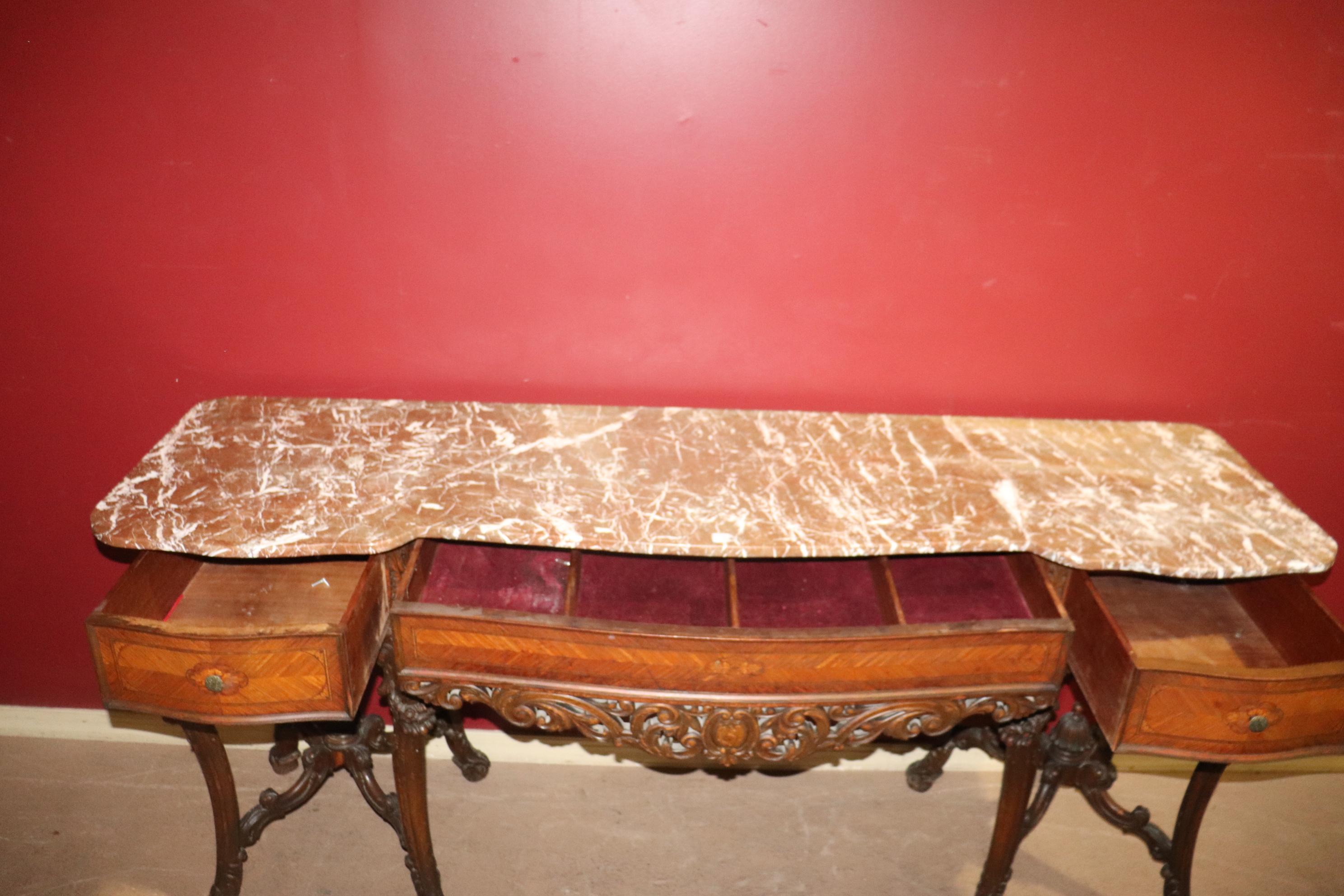 Fine Quality Brown and White Marble Carved Walnut French Sideboard Console Table In Good Condition In Swedesboro, NJ