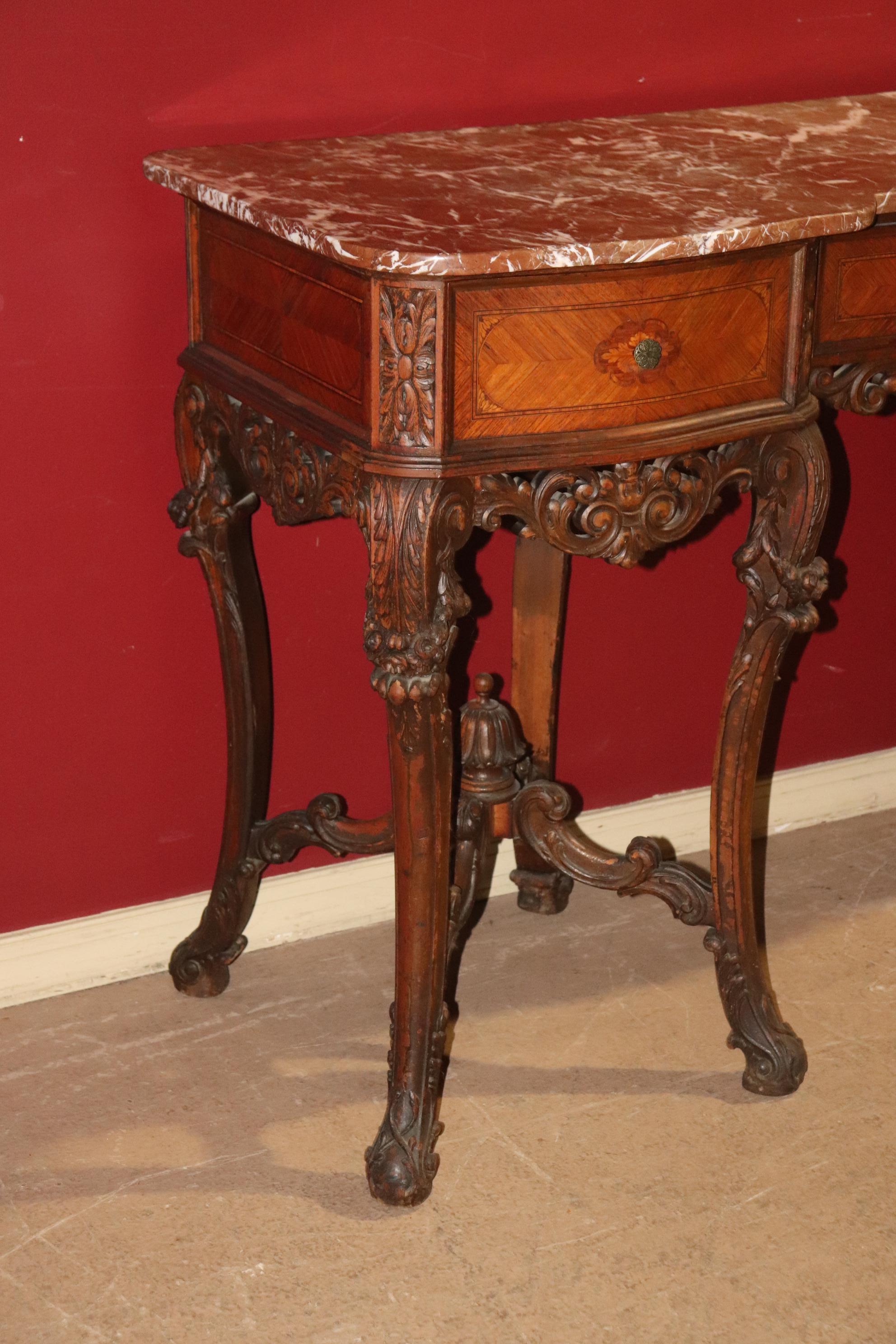 Mid-20th Century Fine Quality Brown and White Marble Carved Walnut French Sideboard Console Table