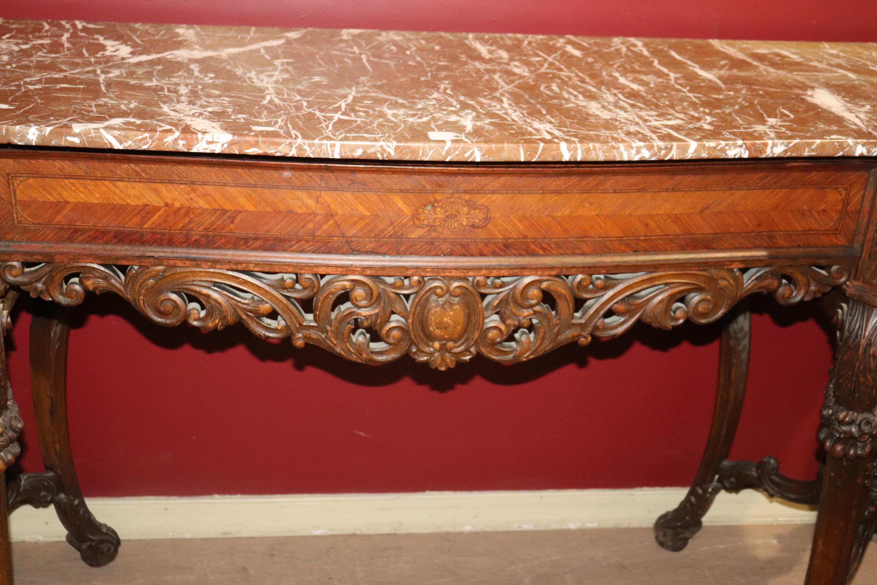Fine Quality Brown and White Marble Carved Walnut French Sideboard Console Table 3