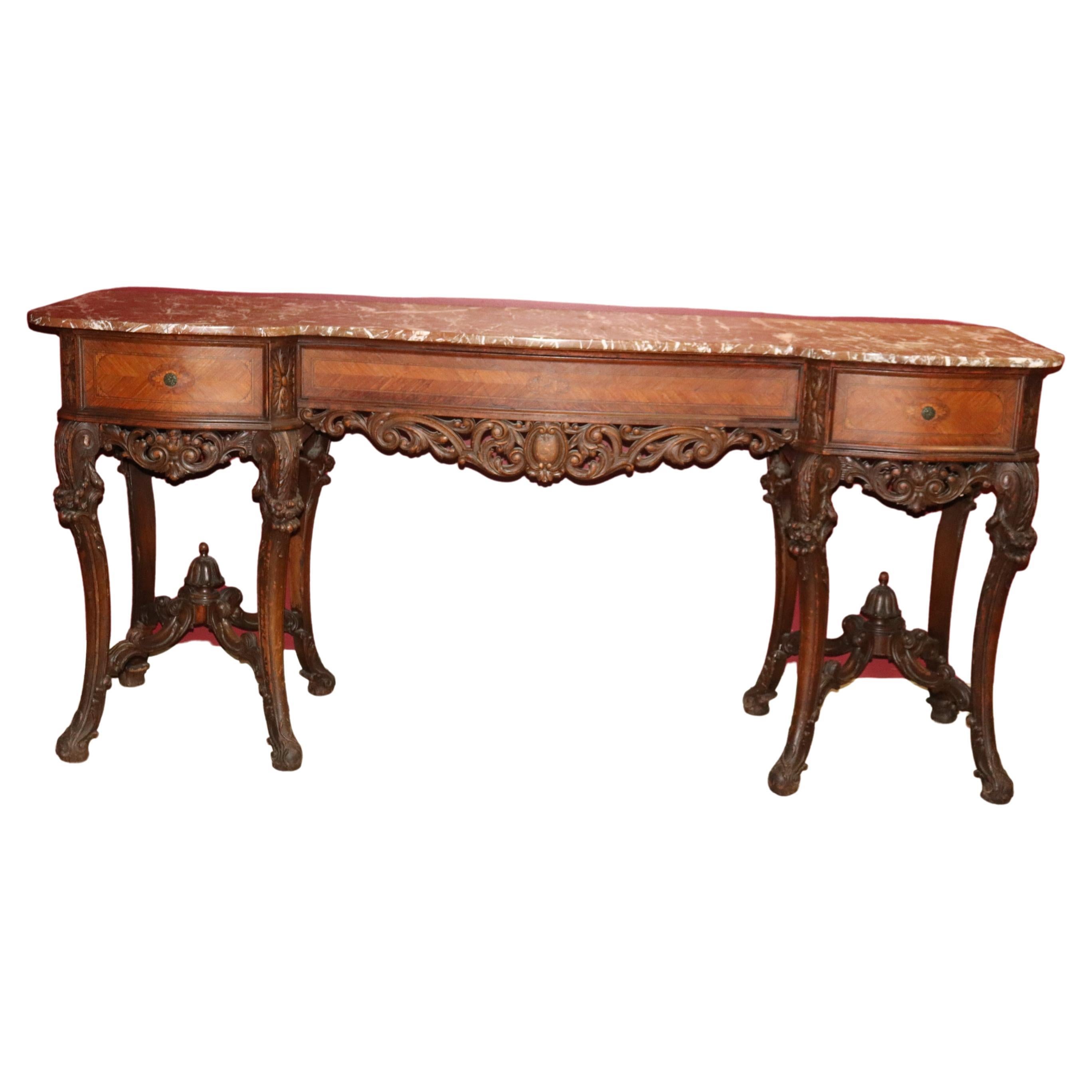 Fine Quality Brown and White Marble Carved Walnut French Sideboard Console Table
