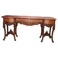 Fine Quality Brown and White Marble Carved Walnut French Sideboard Console Table