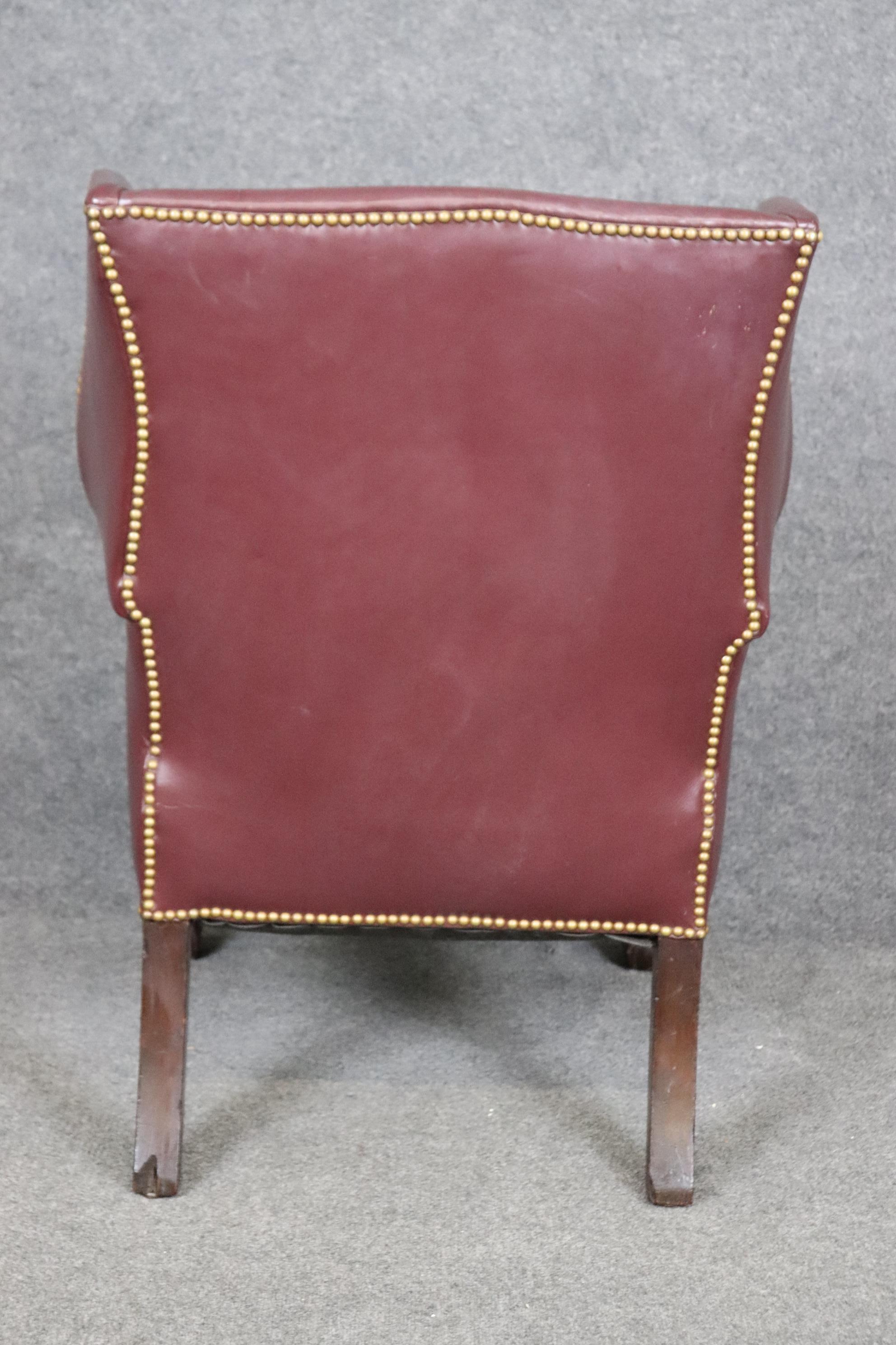 American Fine Quality Burgundy Leather nail Head Trim Chippendale Mahogany Wingchair For Sale