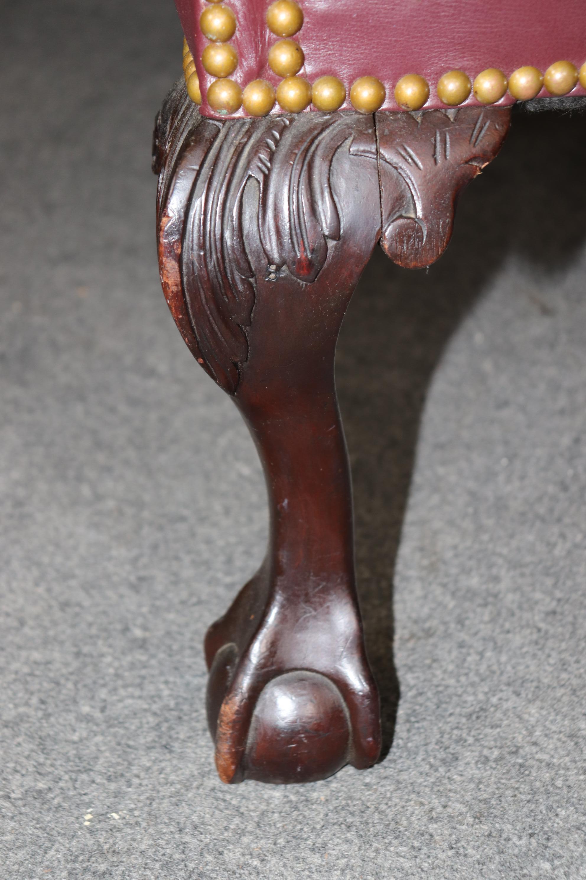 Fine Quality Burgundy Leather nail Head Trim Chippendale Mahogany Wingchair For Sale 1