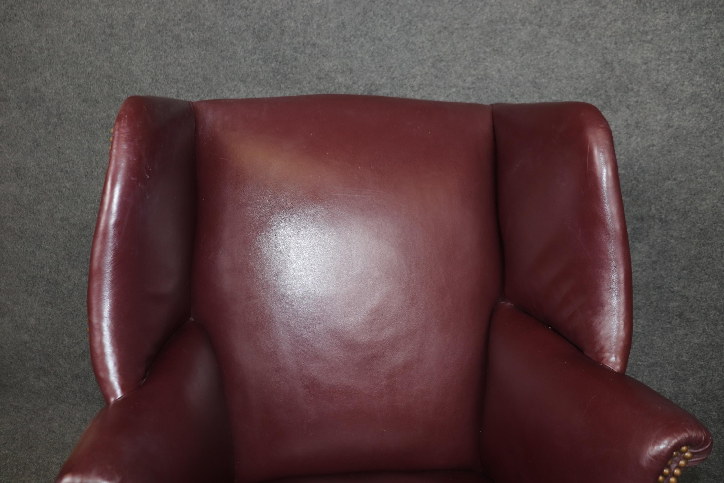 Fine Quality Burgundy Leather nail Head Trim Chippendale Mahogany Wingchair For Sale 3