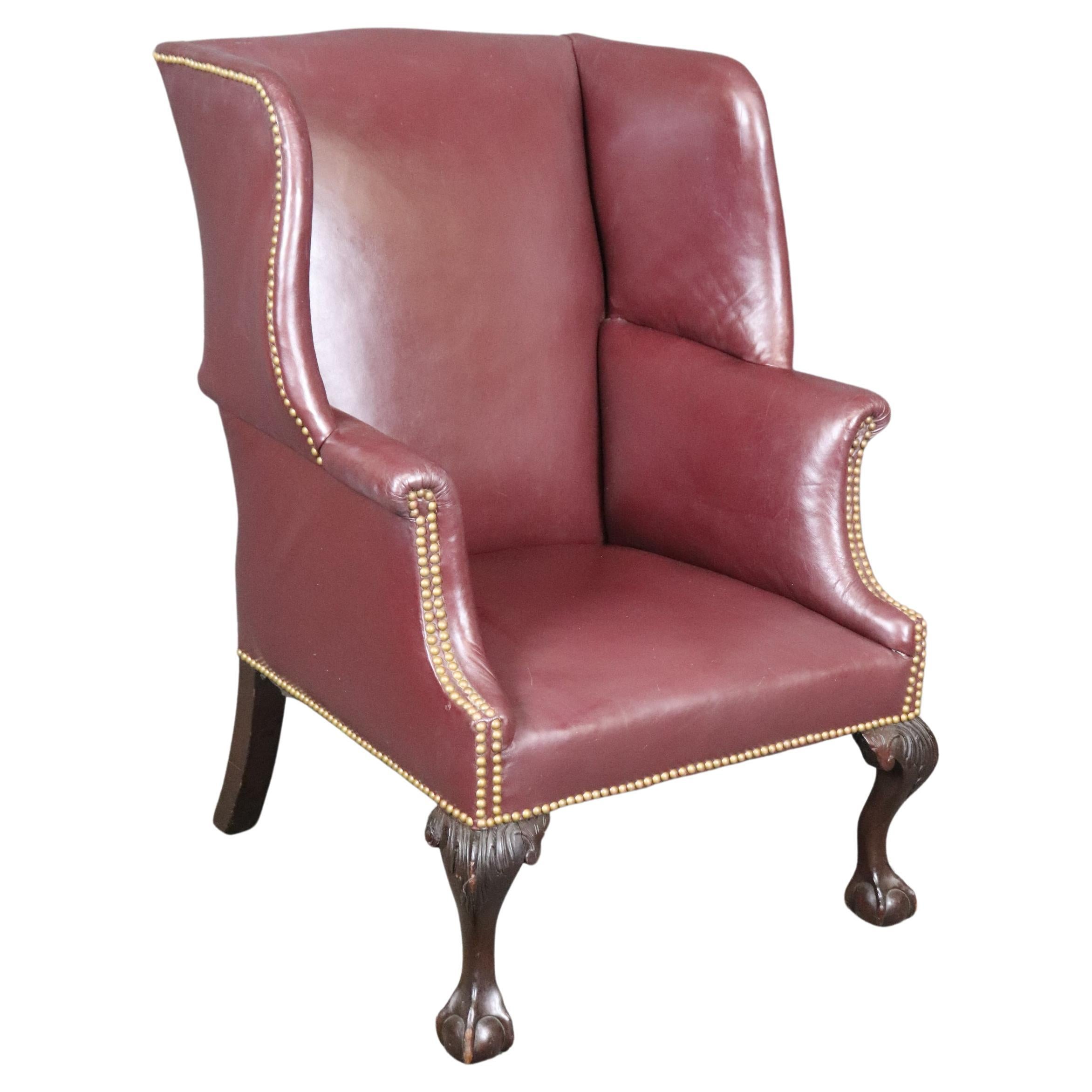 Fine Quality Burgundy Leather nail Head Trim Chippendale Mahogany Wingchair