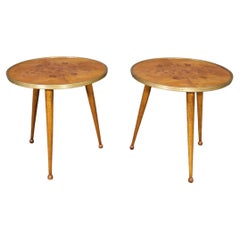 Fine Quality Burled Walnut Brass Mid-Century Modern Round Low End Tables 1960s