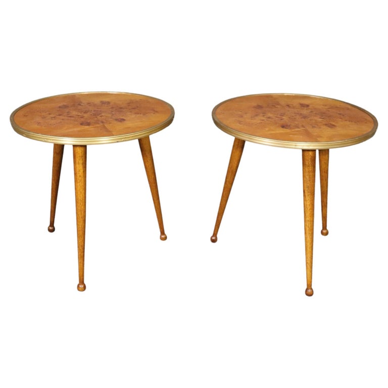 Fine Quality Burled Walnut Brass MidCentury Modern Round Low End