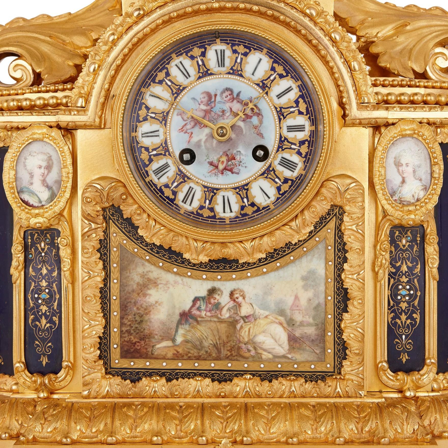 French Fine Quality 19th Century Sevres Style Clock Garniture For Sale