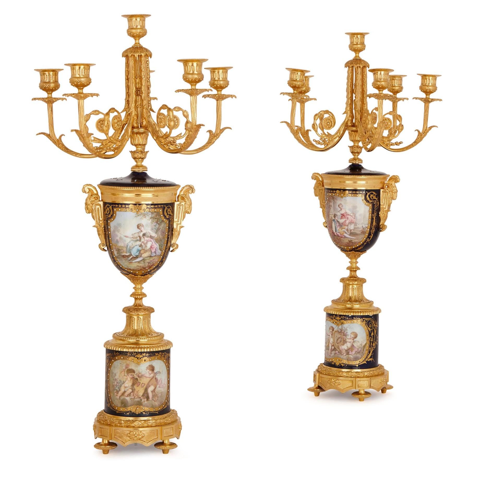 Porcelain Fine Quality 19th Century Sevres Style Clock Garniture For Sale