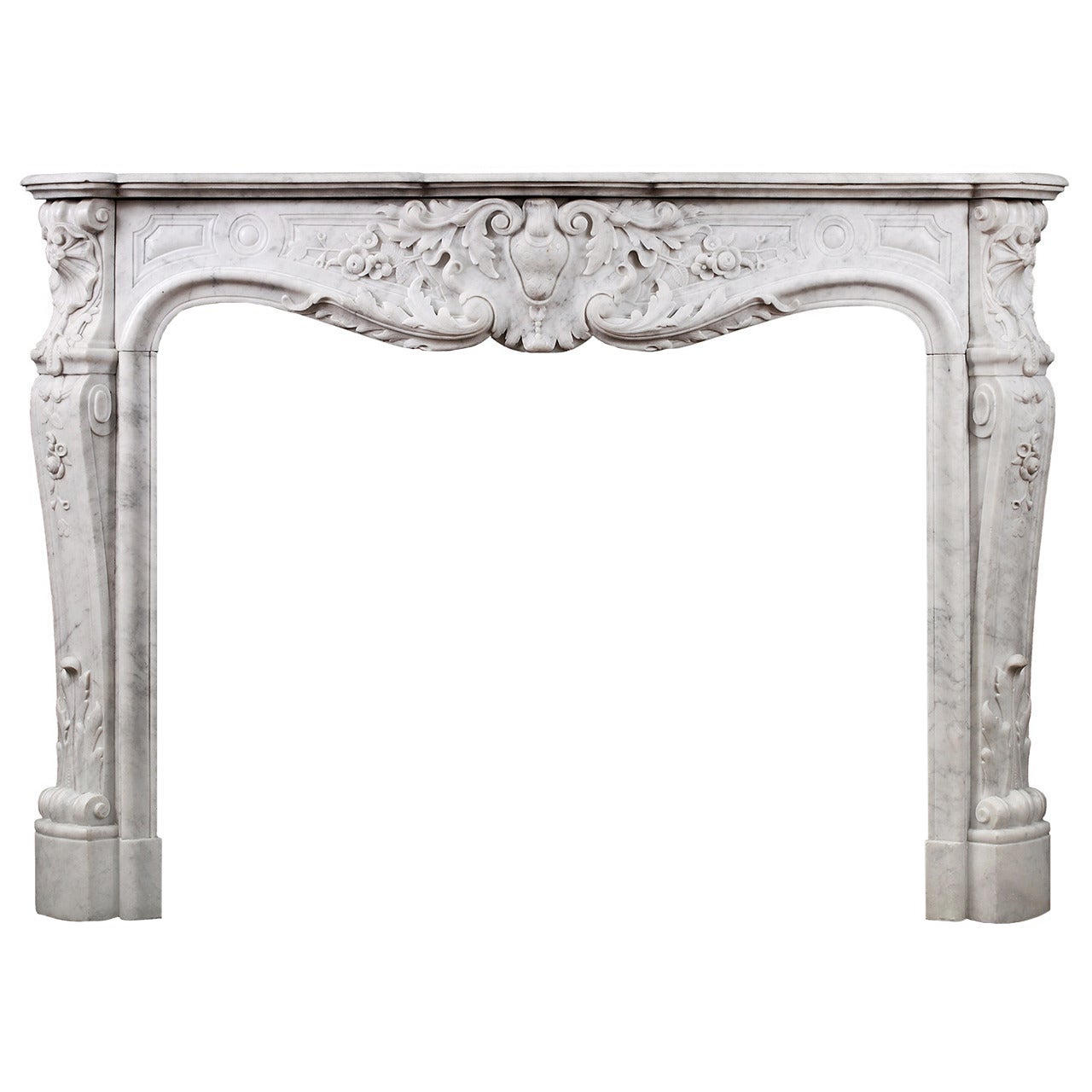 Fine Quality Carved French Louis XV Carrara Fireplace Mantel For Sale