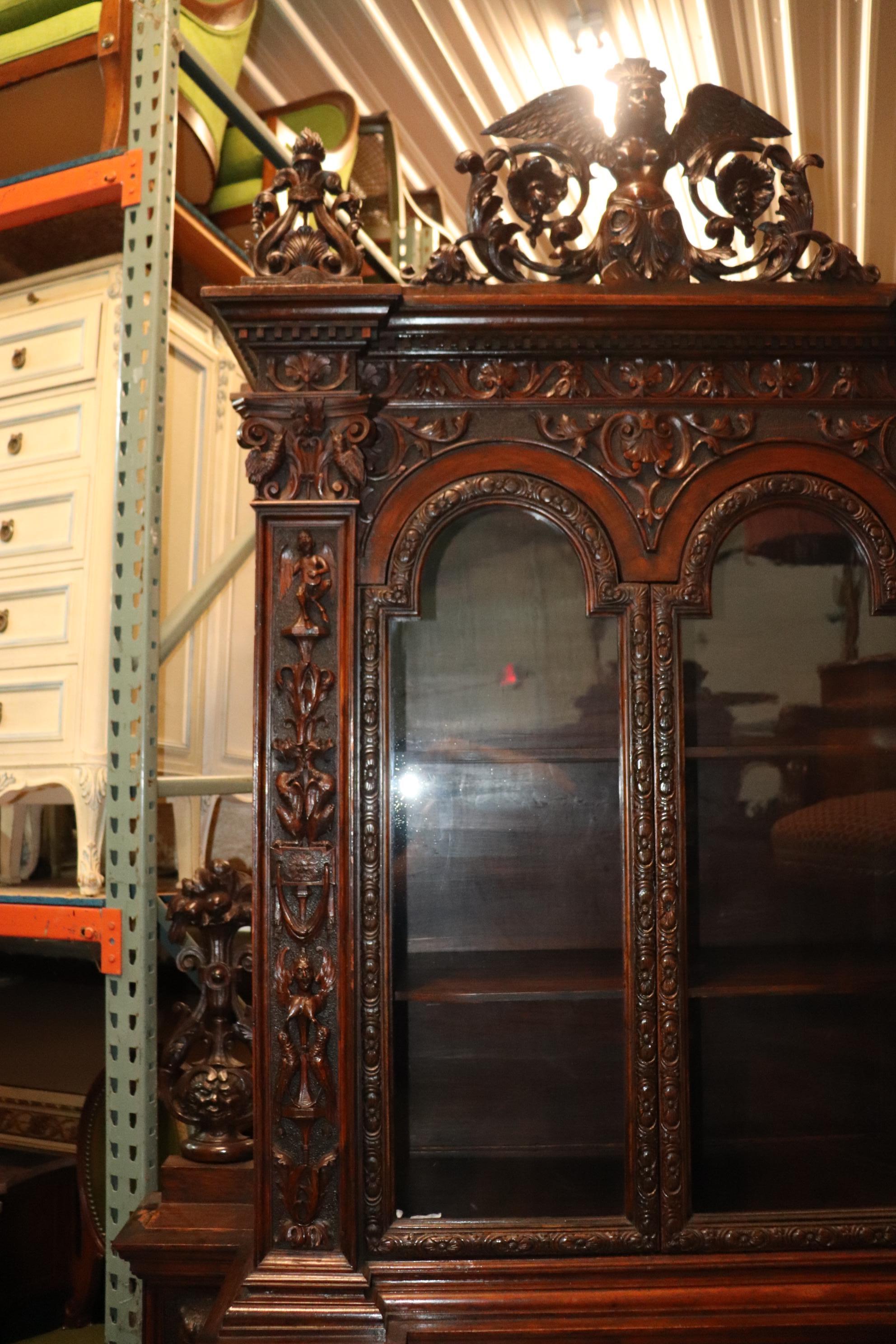 Fine Quality Carved Walnut Renaissance Italian Figural Bookcase Vitrine For Sale 5