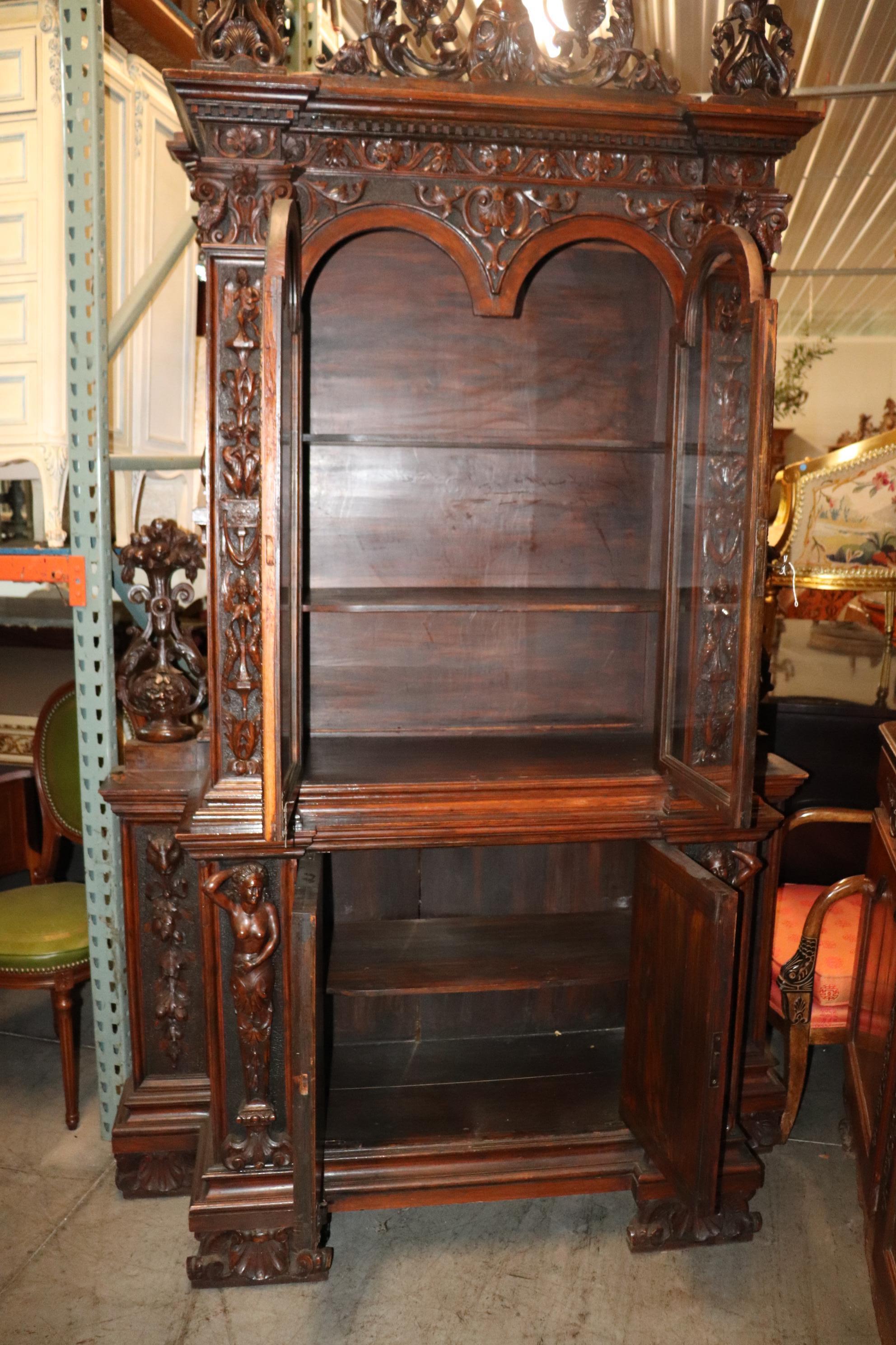 Fine Quality Carved Walnut Renaissance Italian Figural Bookcase Vitrine For Sale 12