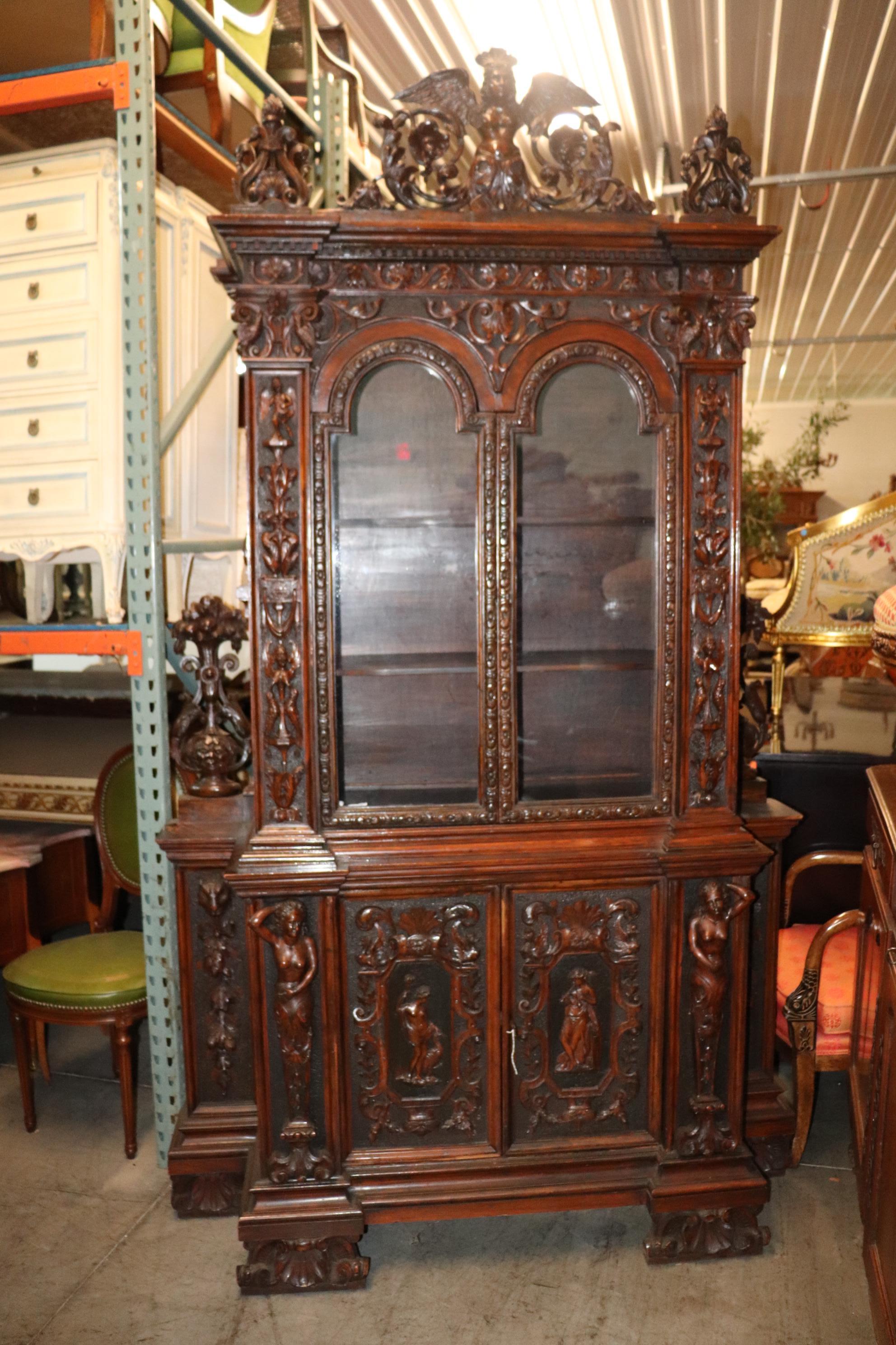 Renaissance Revival Fine Quality Carved Walnut Renaissance Italian Figural Bookcase Vitrine For Sale