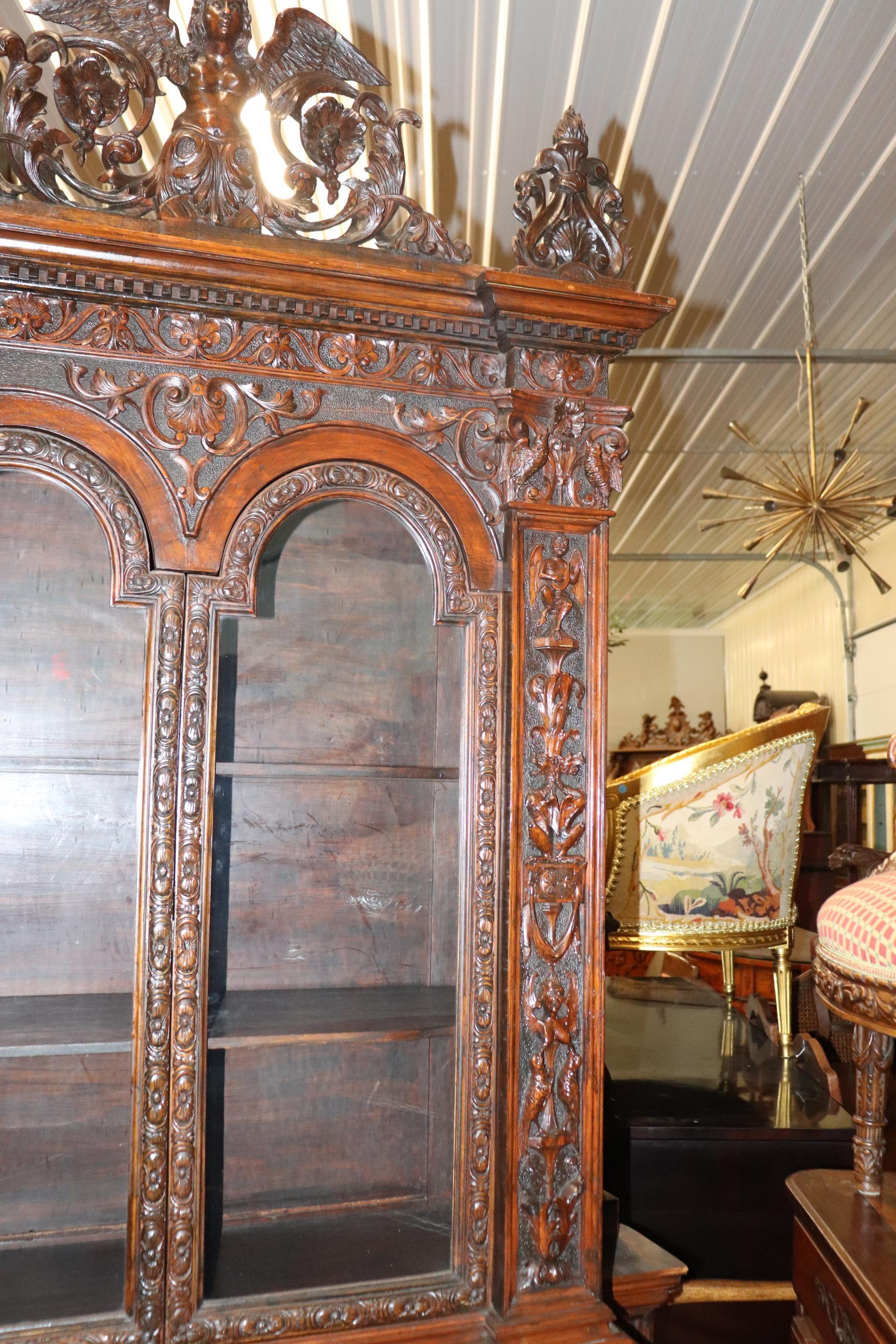 Fine Quality Carved Walnut Renaissance Italian Figural Bookcase Vitrine For Sale 4