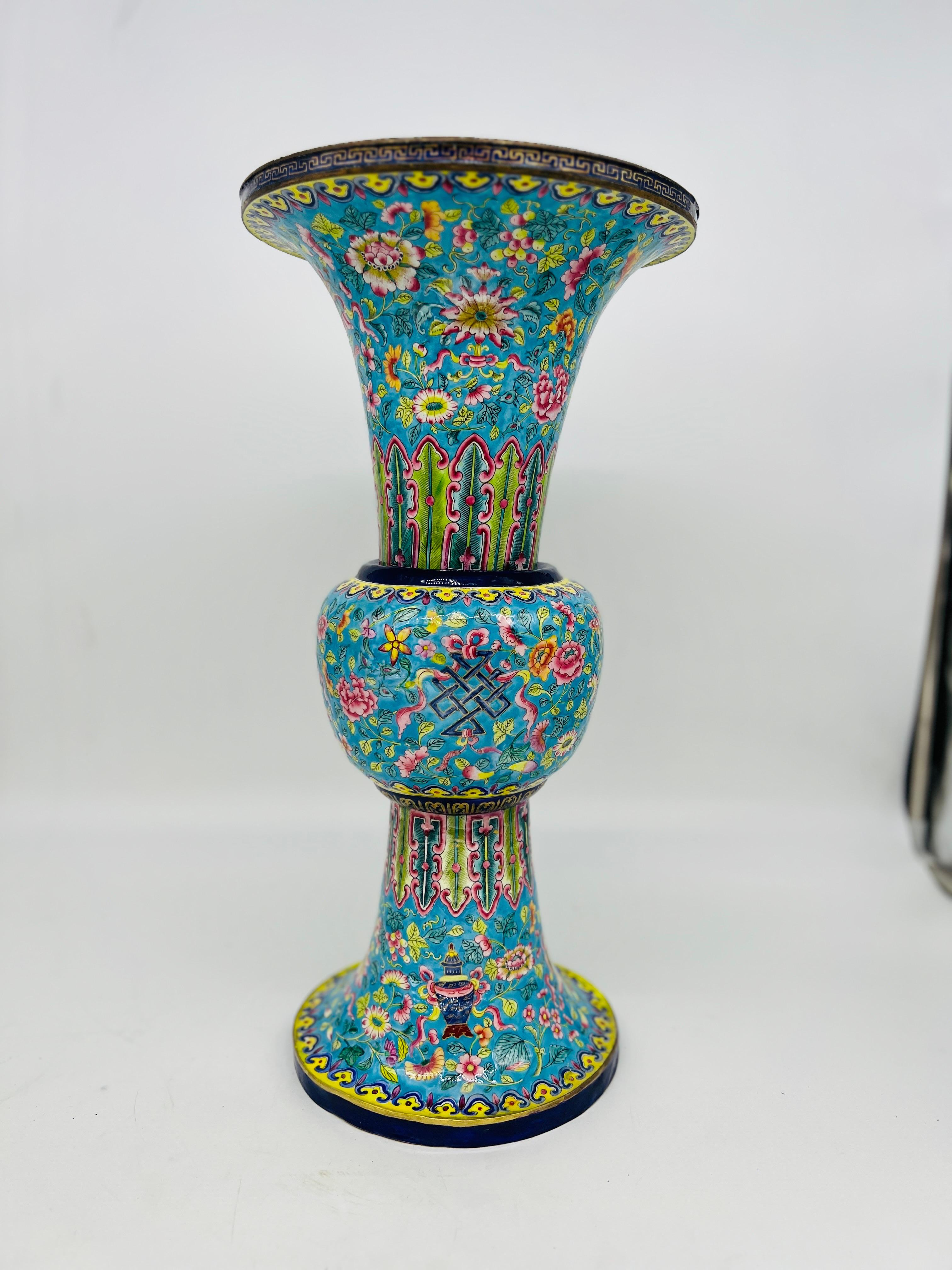 Fine Quality Chinese Export Enamel on Copper Gu Form Vase 9