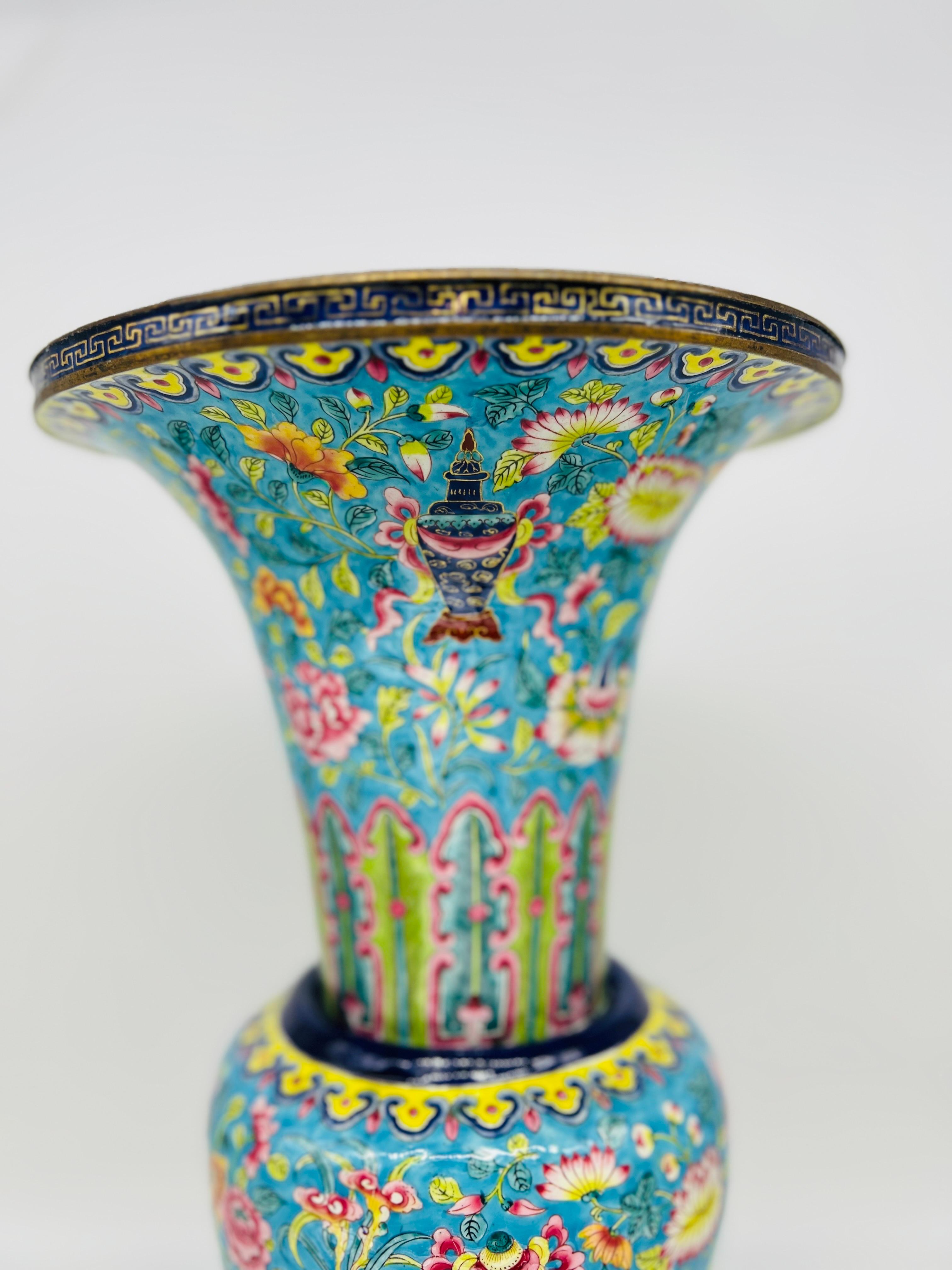 Fine Quality Chinese Export Enamel on Copper Gu Form Vase 10