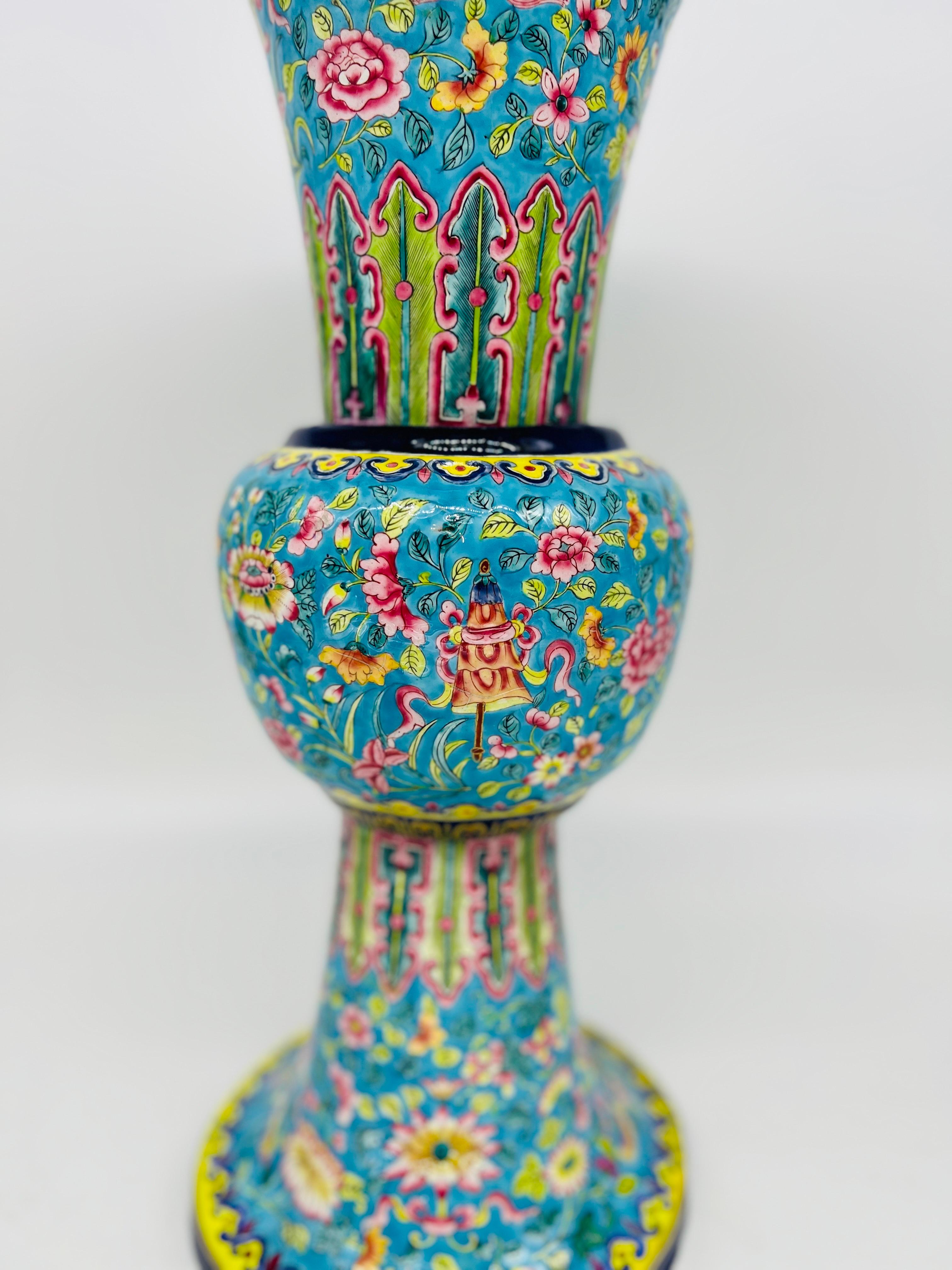 Fine Quality Chinese Export Enamel on Copper Gu Form Vase In Good Condition In Atlanta, GA