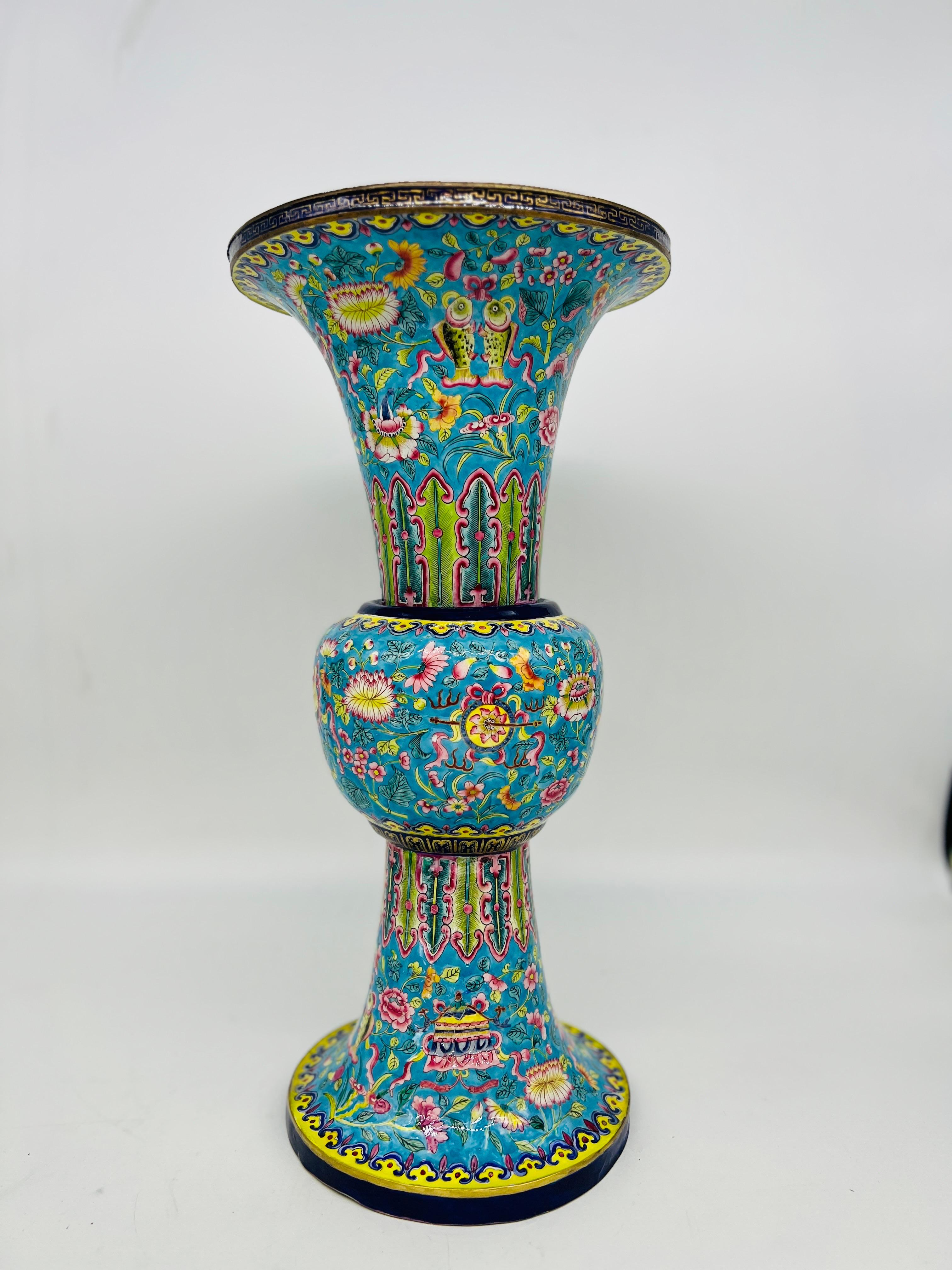 Fine Quality Chinese Export Enamel on Copper Gu Form Vase 1