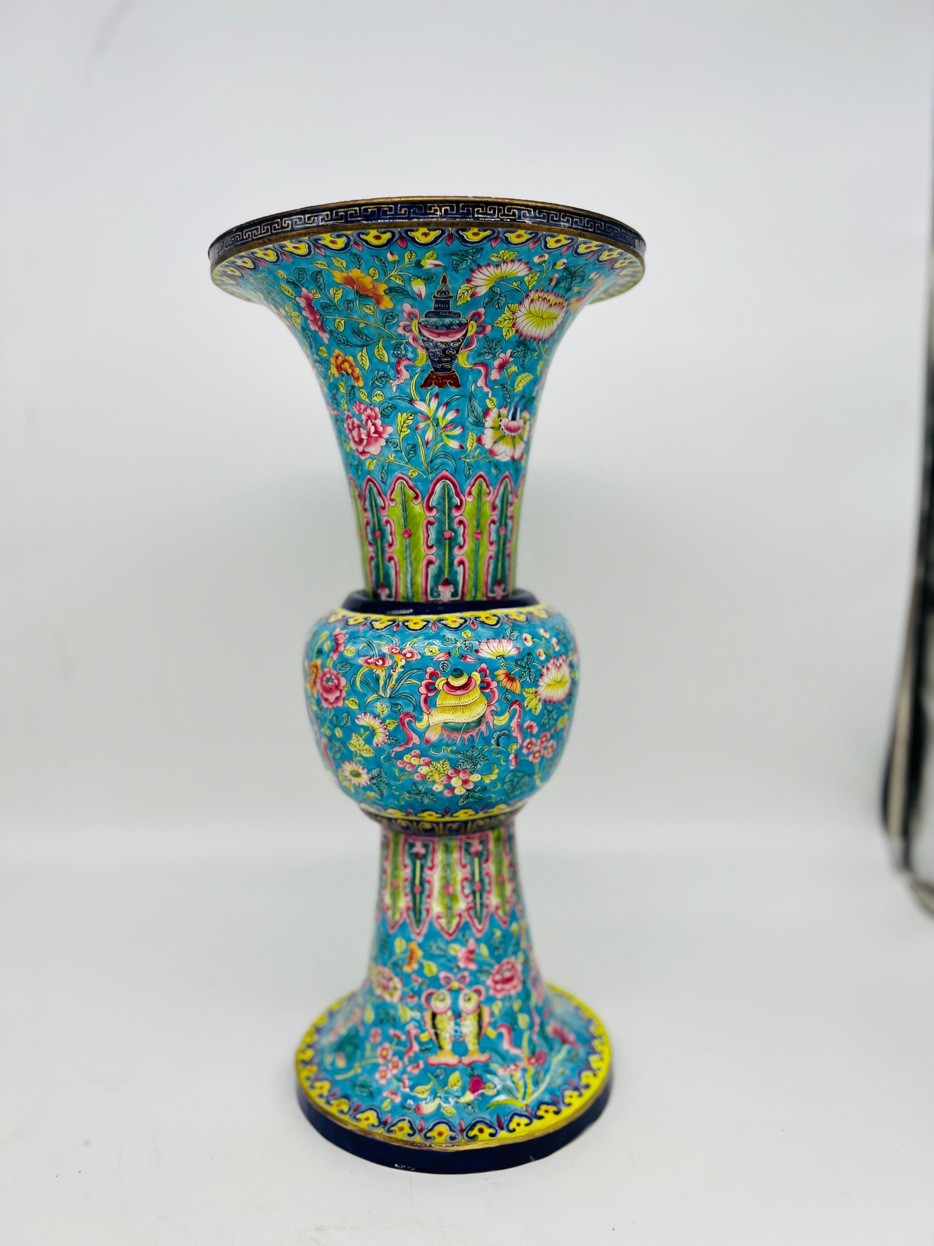 Fine Quality Chinese Export Enamel on Copper Gu Form Vase 3