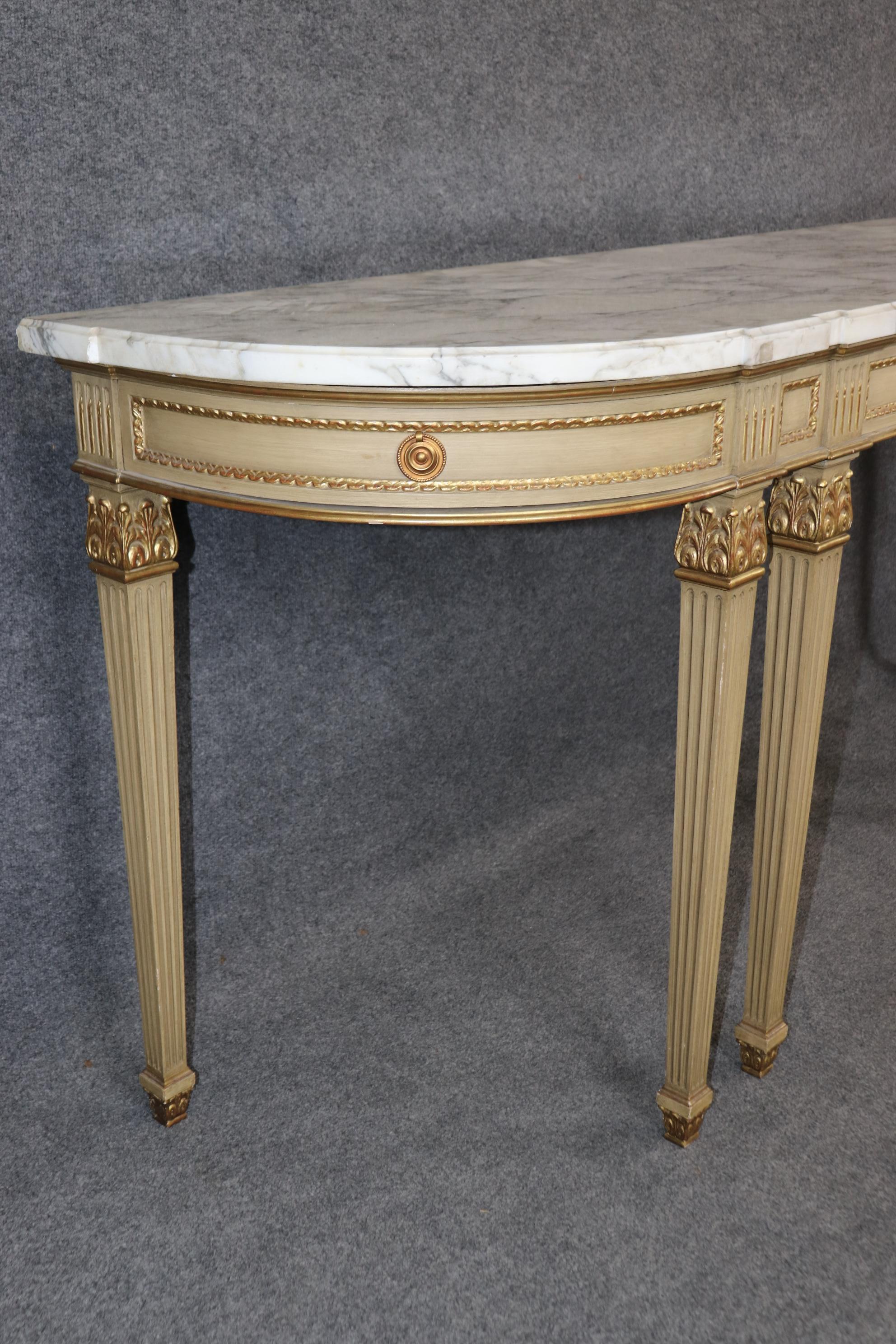 Fine Quality Creme Painted Gilded Marble Top Console Attributed Maison Jansen For Sale 3