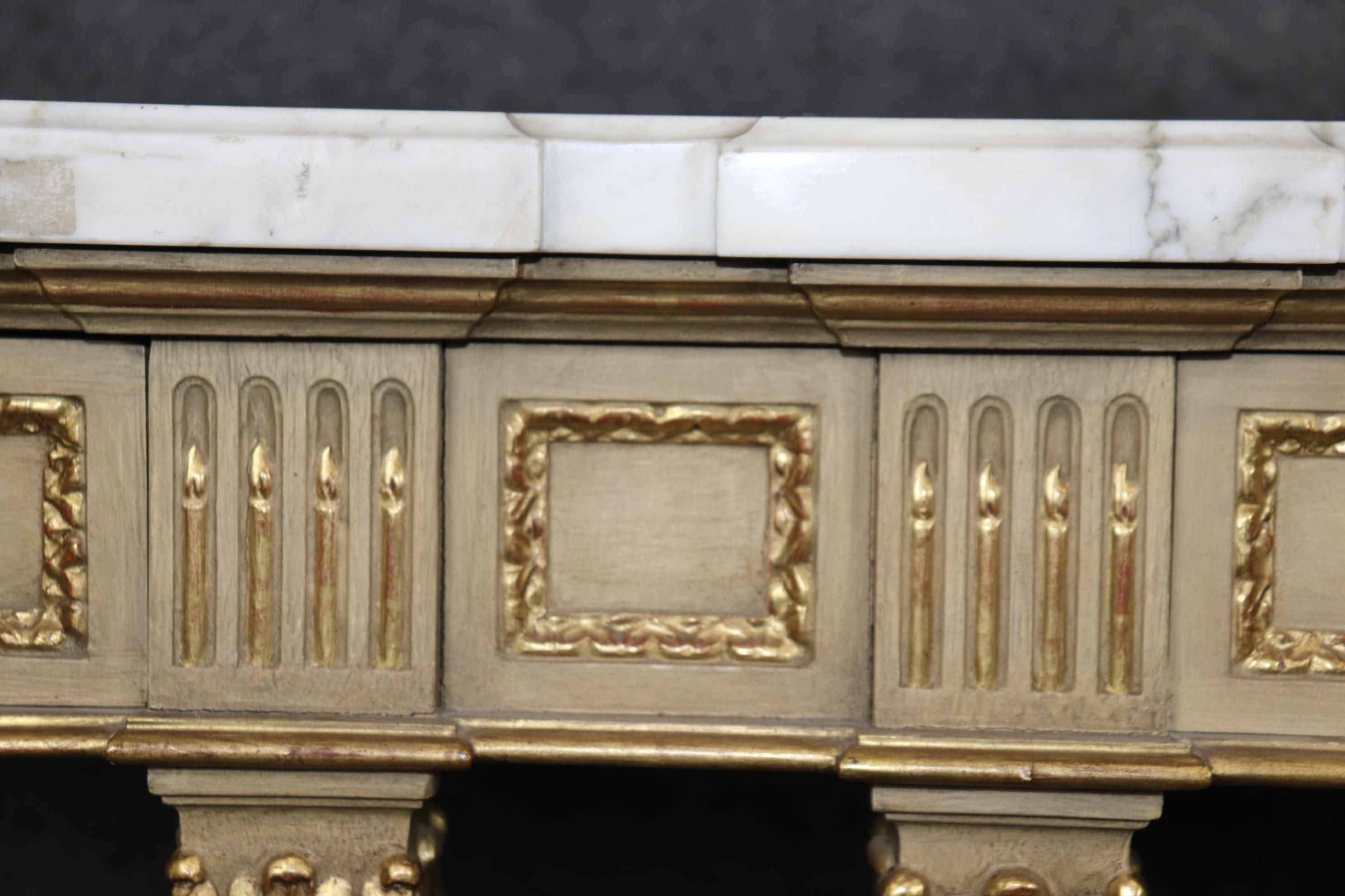 Fine Quality Creme Painted Gilded Marble Top Console Attributed Maison Jansen For Sale 6