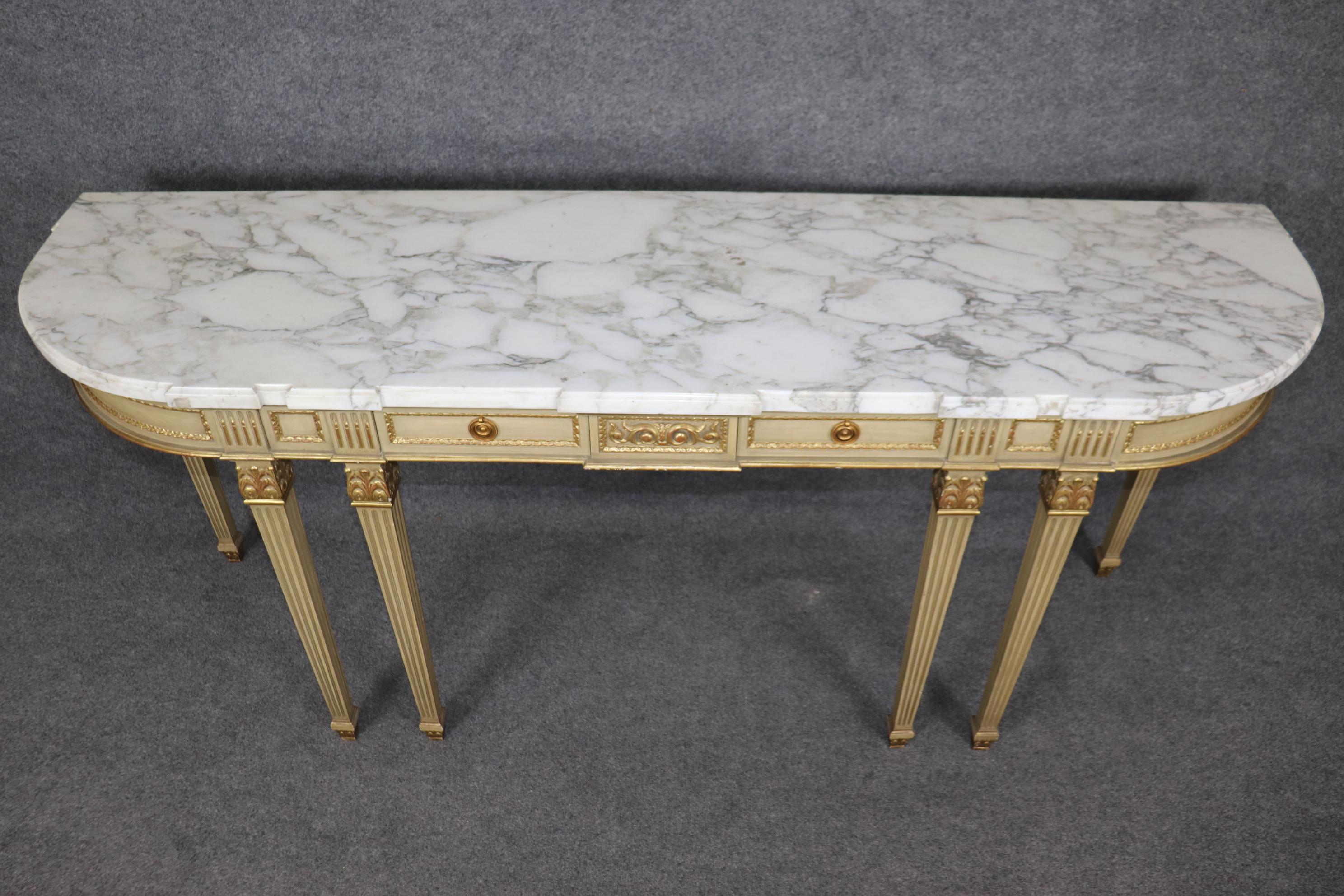 Louis XVI Fine Quality Creme Painted Gilded Marble Top Console Attributed Maison Jansen For Sale