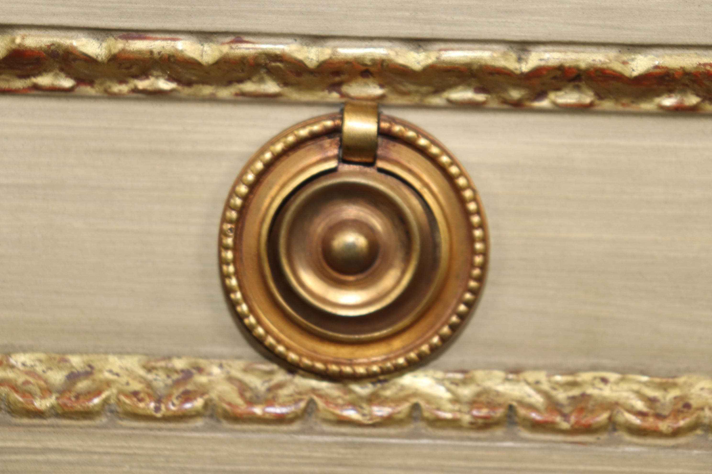 French Fine Quality Creme Painted Gilded Marble Top Console Attributed Maison Jansen For Sale
