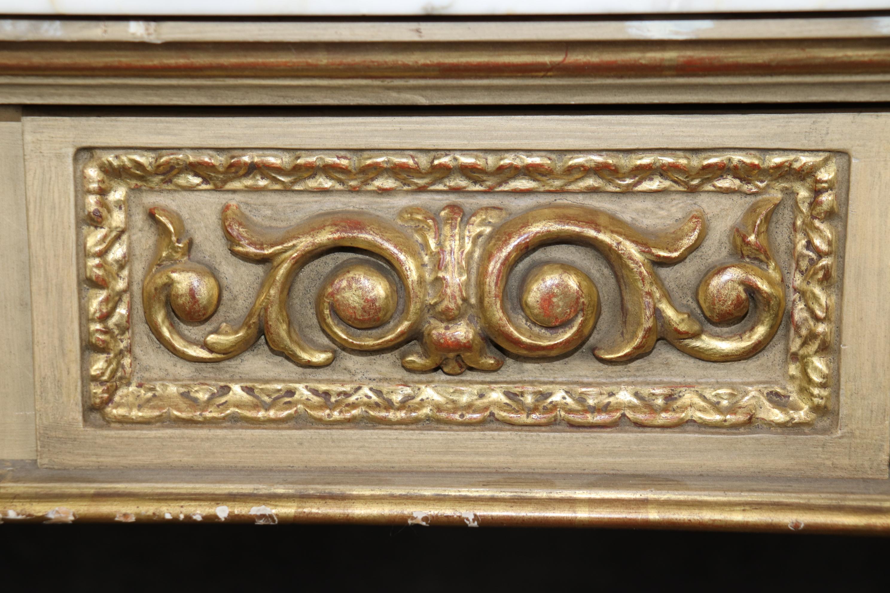Carrara Marble Fine Quality Creme Painted Gilded Marble Top Console Attributed Maison Jansen For Sale