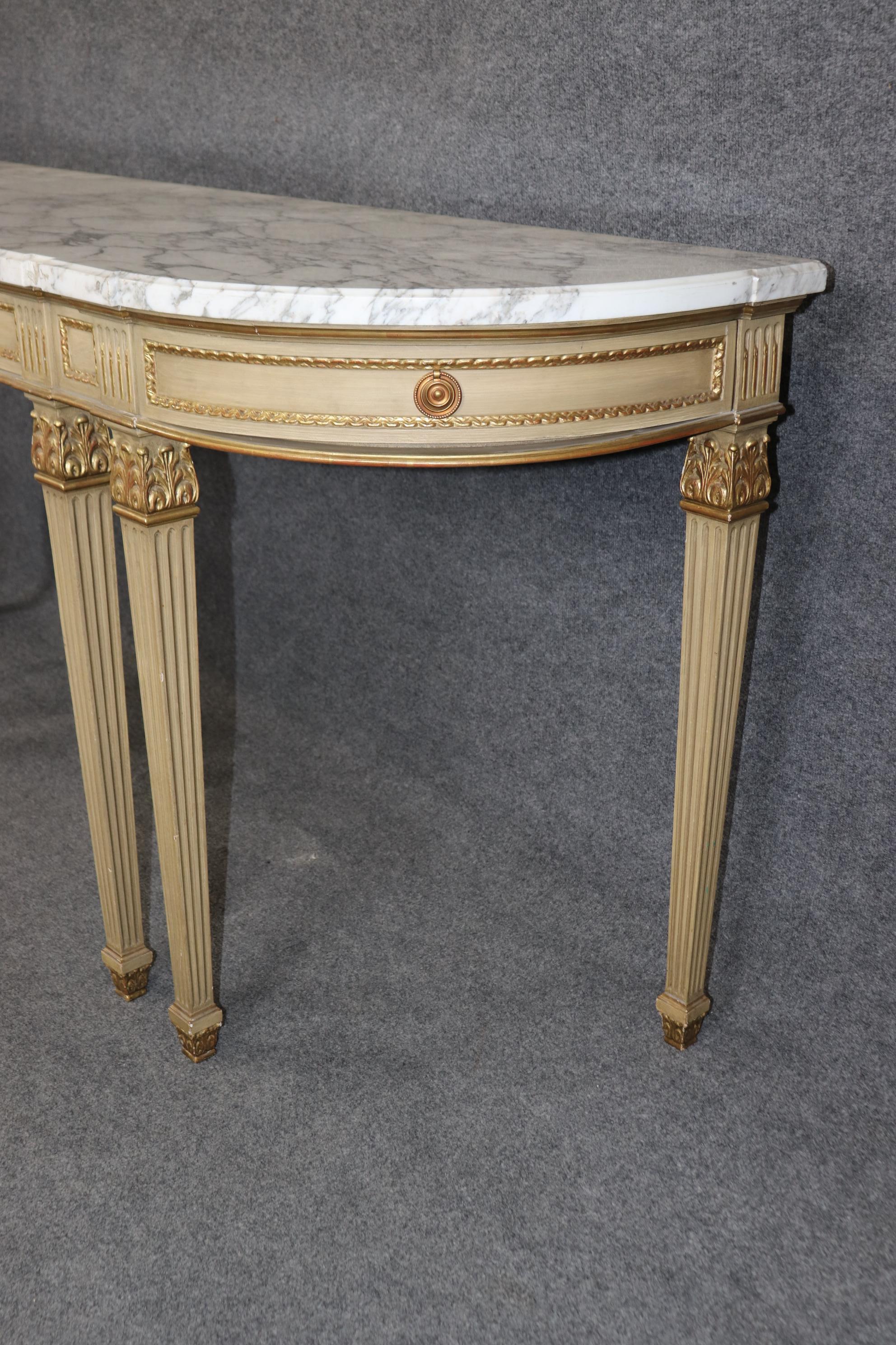 Fine Quality Creme Painted Gilded Marble Top Console Attributed Maison Jansen For Sale 2