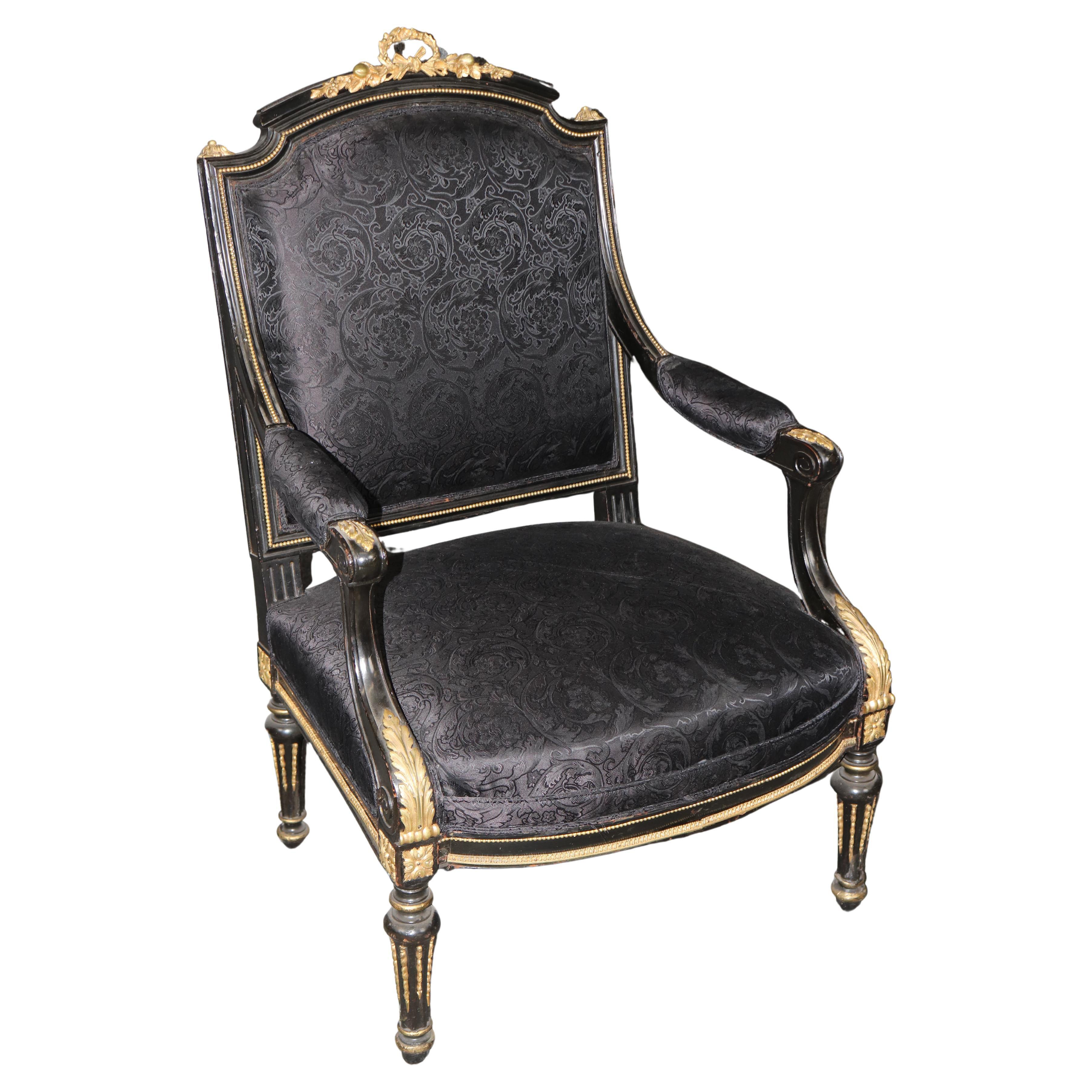 Fine Quality Distressed Ebonized French Bronze Mounted Louis XVI Armchair For Sale