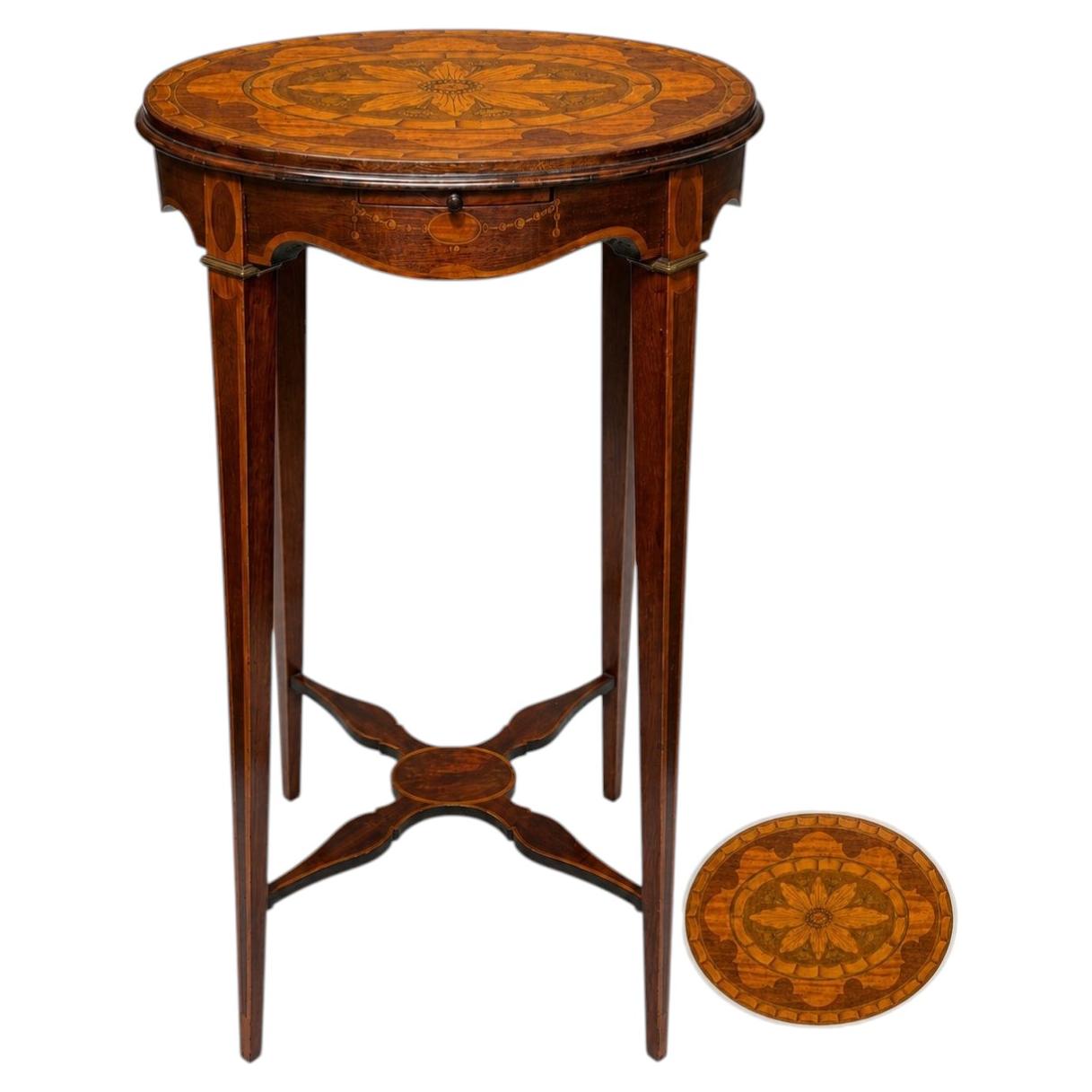 Fine Quality Edwardian Inlaid Oval Tea Table With Pull Slide Shelf For Sale