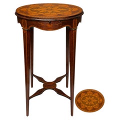 Fine Quality Edwardian Inlaid Oval Tea Table With Pull Slide Shelf