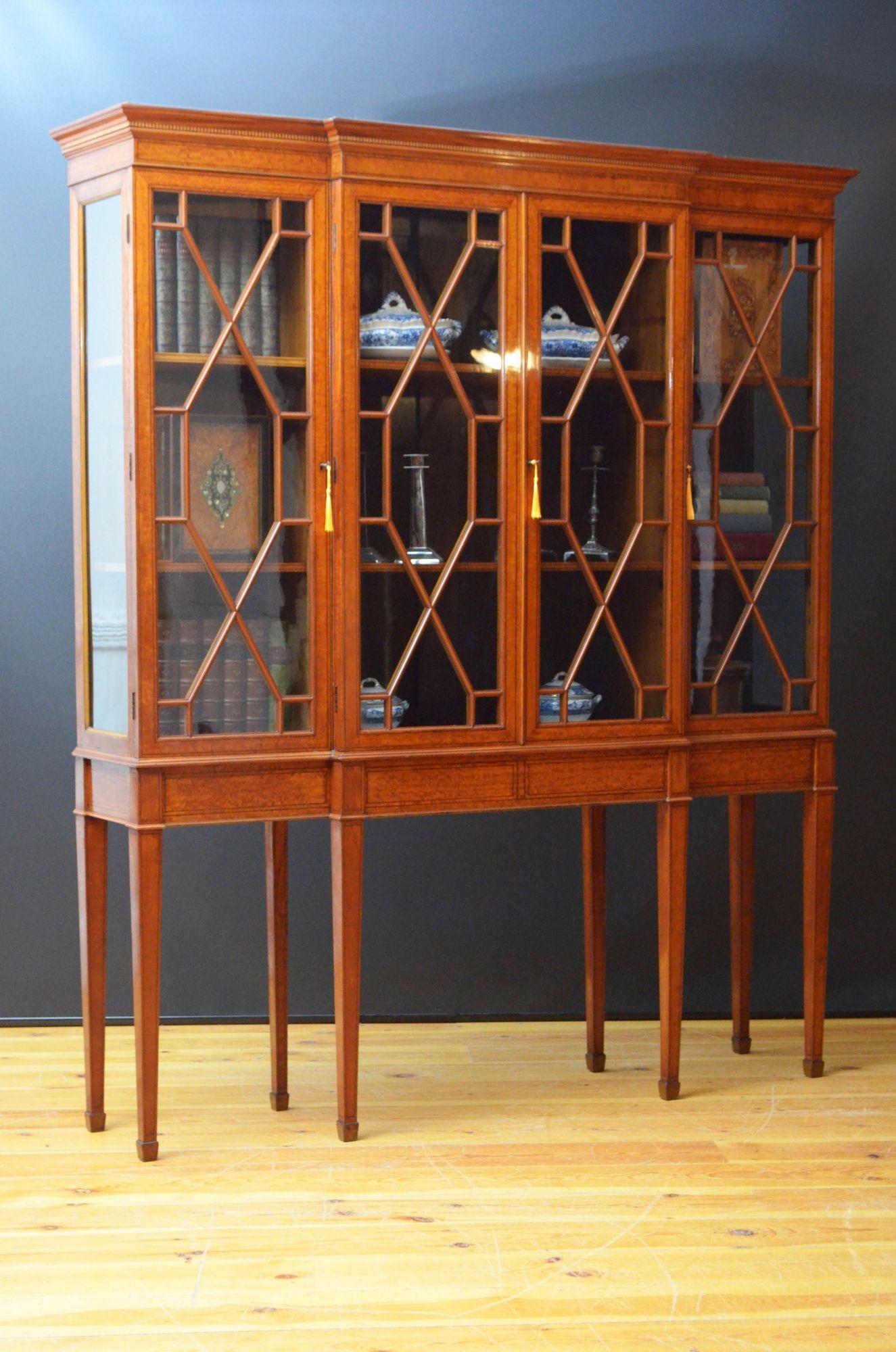 English Fine Quality Edwardian Satinwood Cabinet Bookcase For Sale