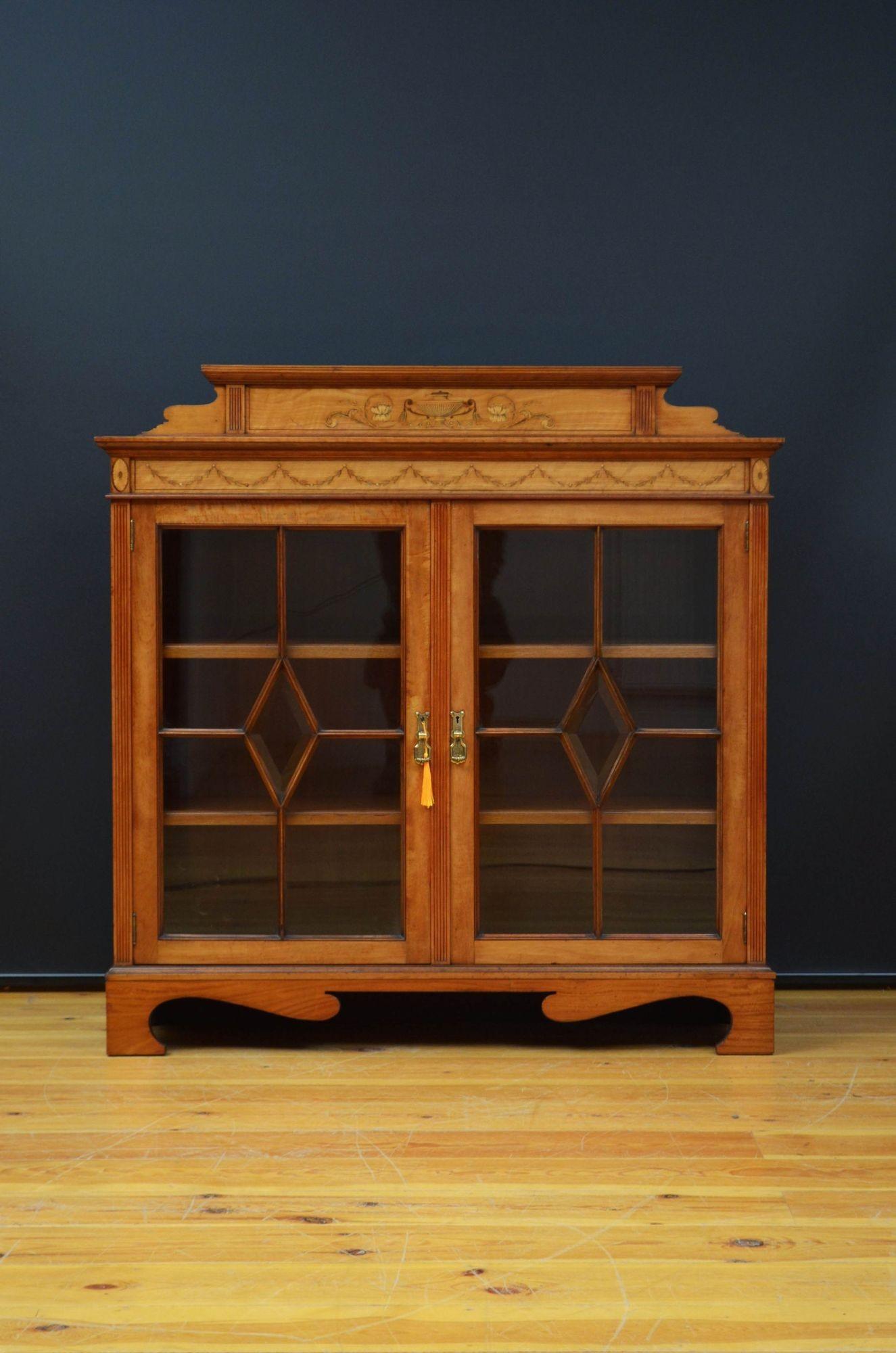 English Fine Quality Edwardian Satinwood Cabinet Bookcase For Sale