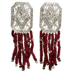 Fine Quality Edwardian Tribute Earrings with Diamonds and Red Spinel Tassels