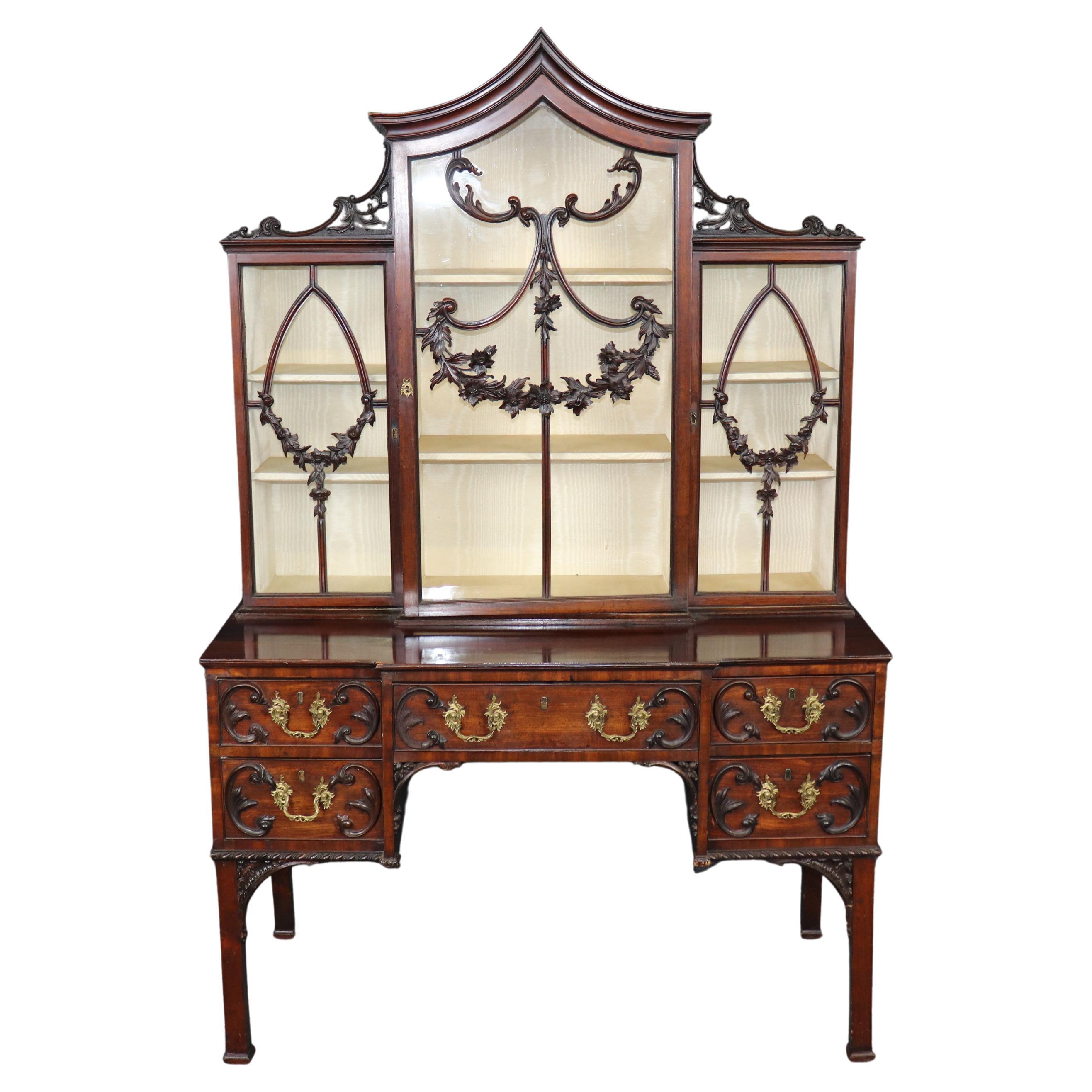 Fine Quality English Georgian Mahogany Carved Gothic Style China Cabinet Vitrine For Sale