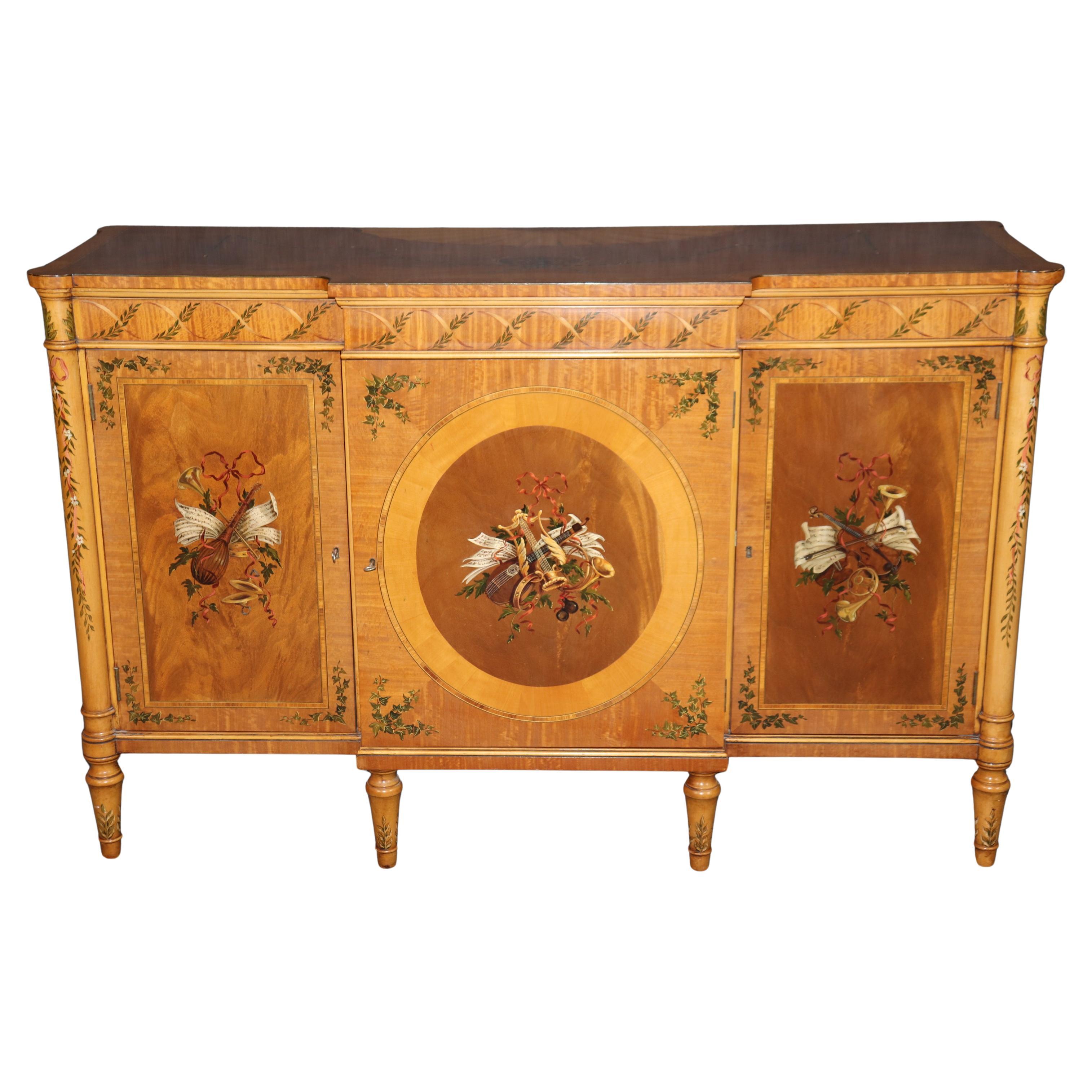 Fine Quality English Made Adams Paint Decorated Satinwood Sideboard Buffet