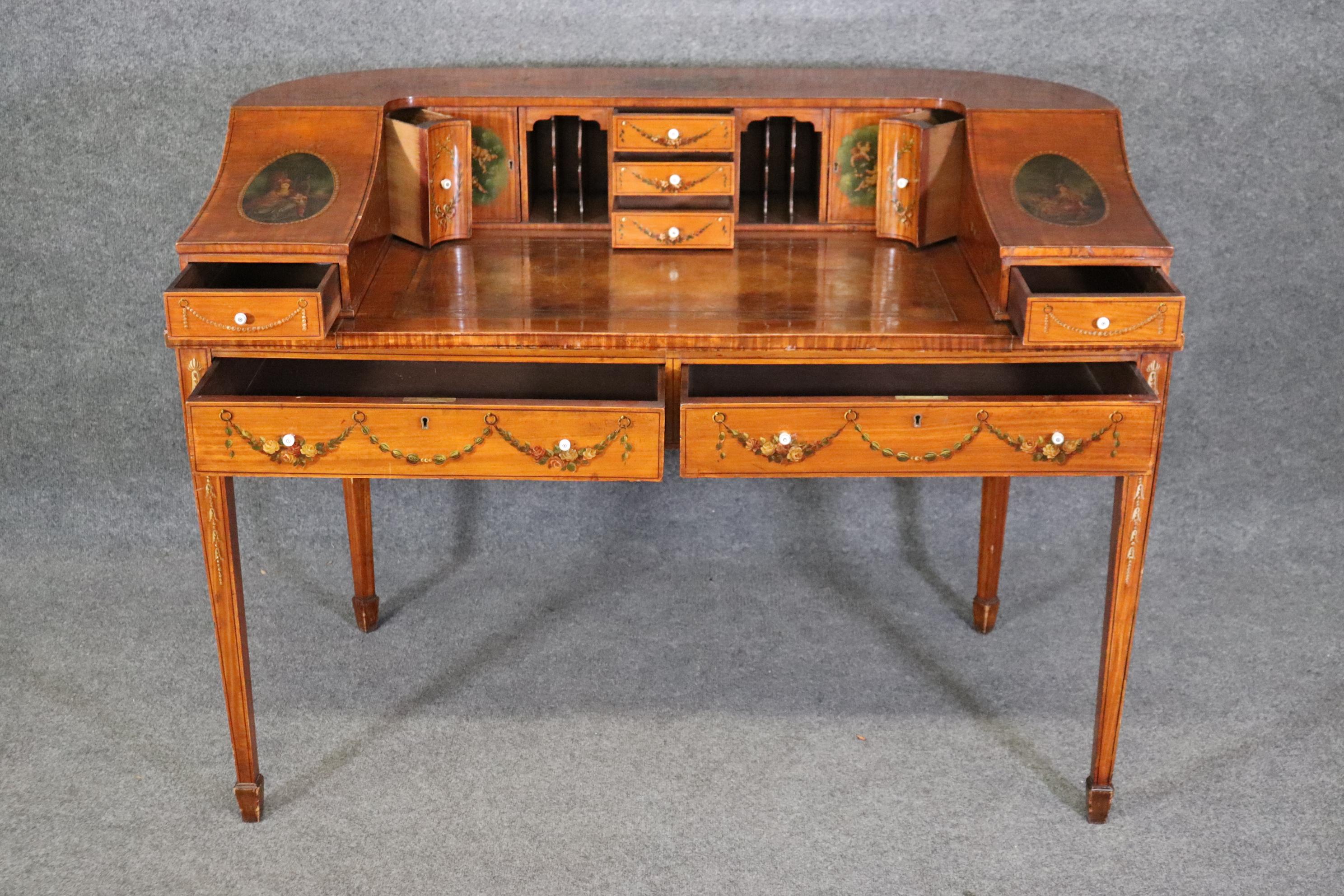 Fine Quality English Satinwood Carlton House Desk with Cherubs and Musical Theme For Sale 6