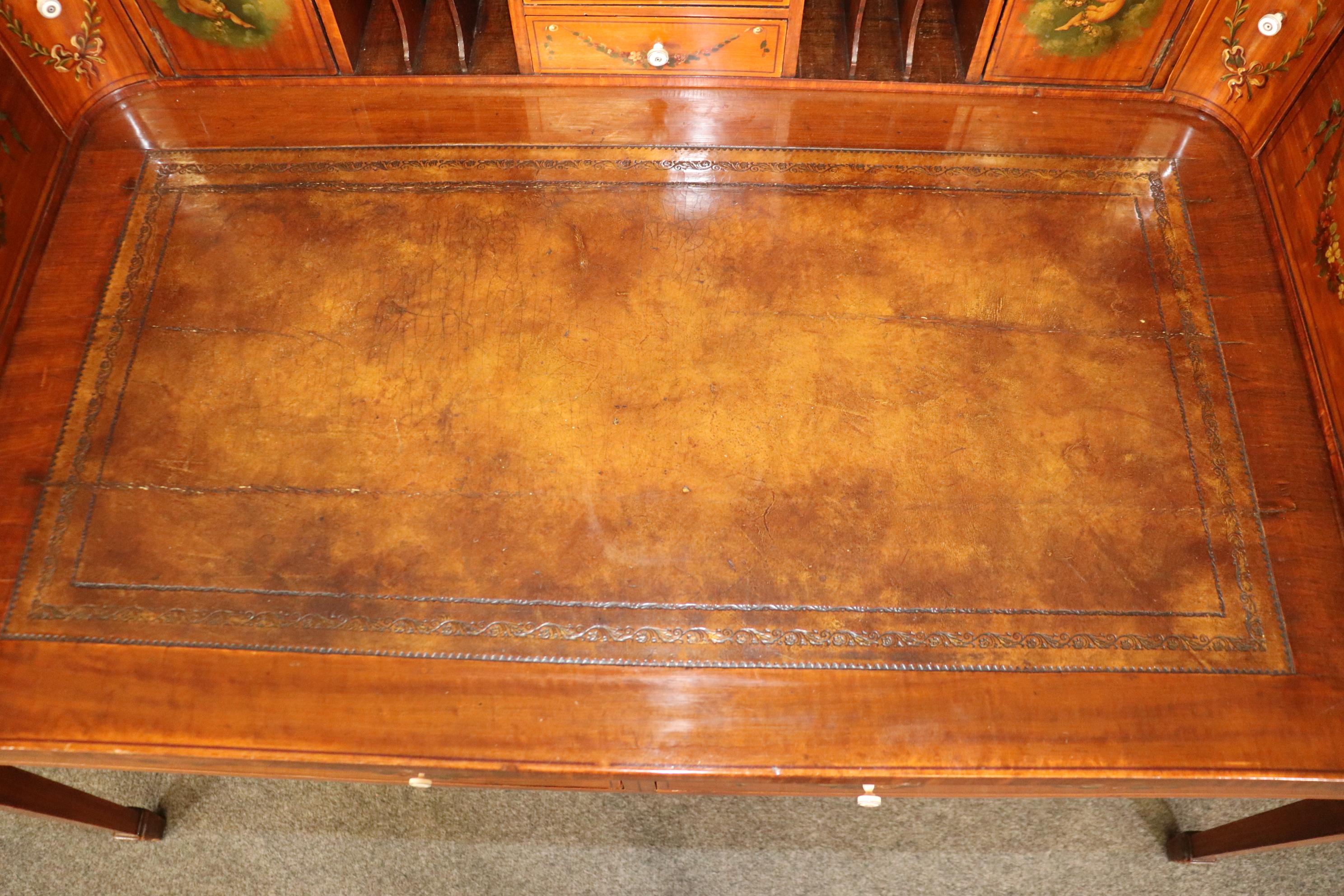 Fine Quality English Satinwood Carlton House Desk with Cherubs and Musical Theme For Sale 9