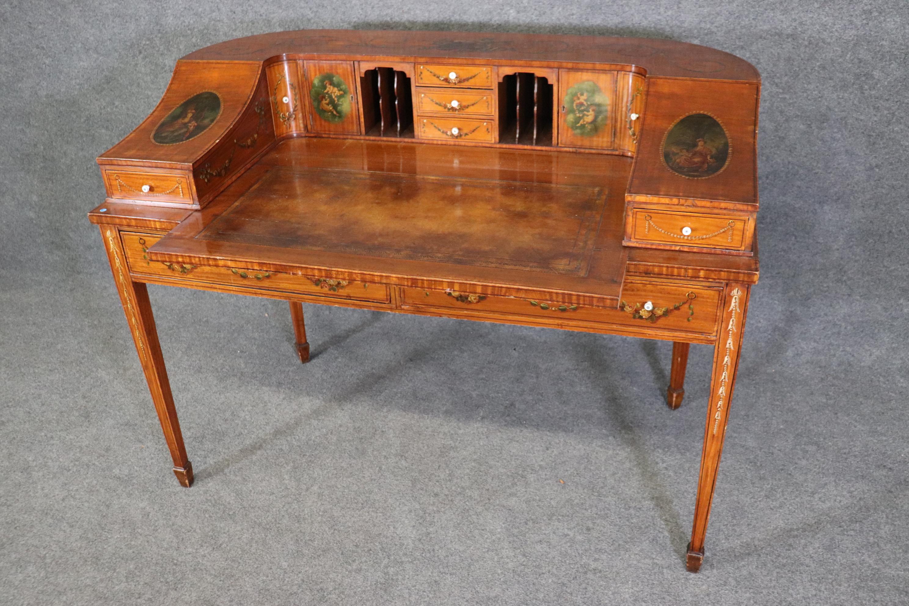 Fine Quality English Satinwood Carlton House Desk with Cherubs and Musical Theme For Sale 14