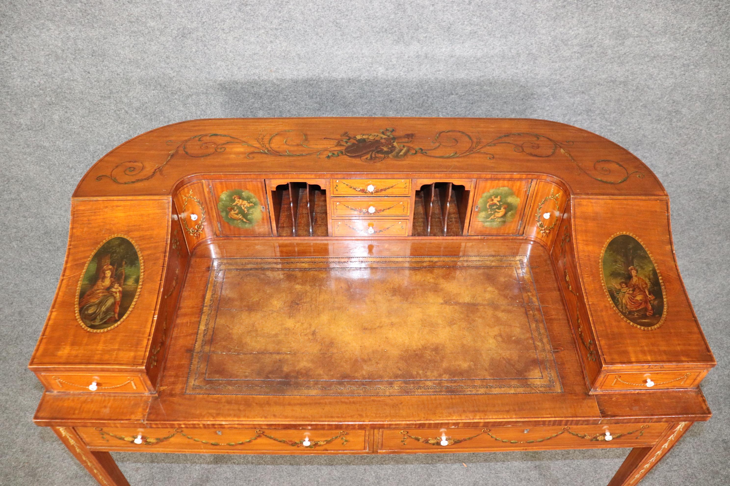Late 19th Century Fine Quality English Satinwood Carlton House Desk with Cherubs and Musical Theme For Sale
