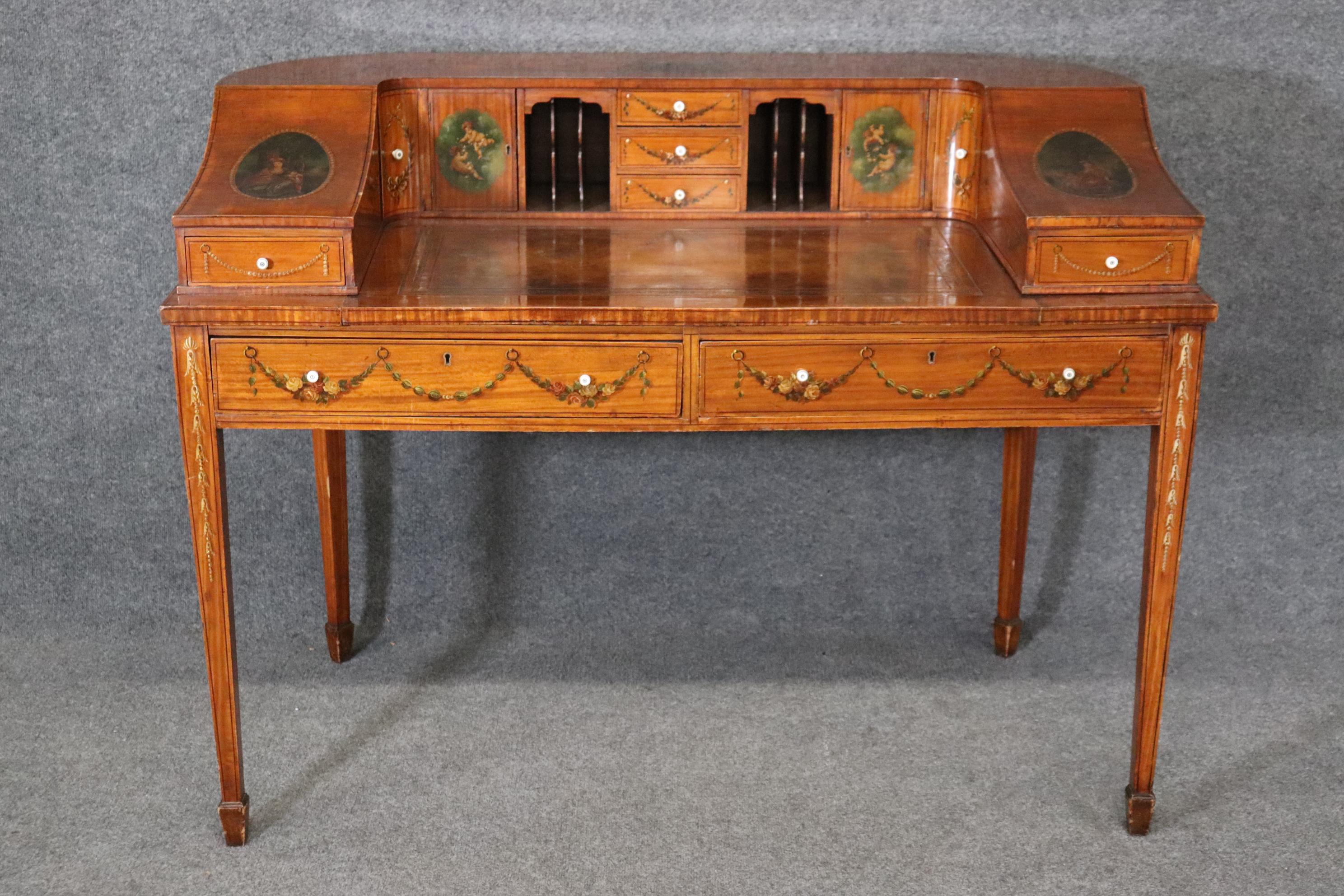 Fine Quality English Satinwood Carlton House Desk with Cherubs and Musical Theme For Sale 2