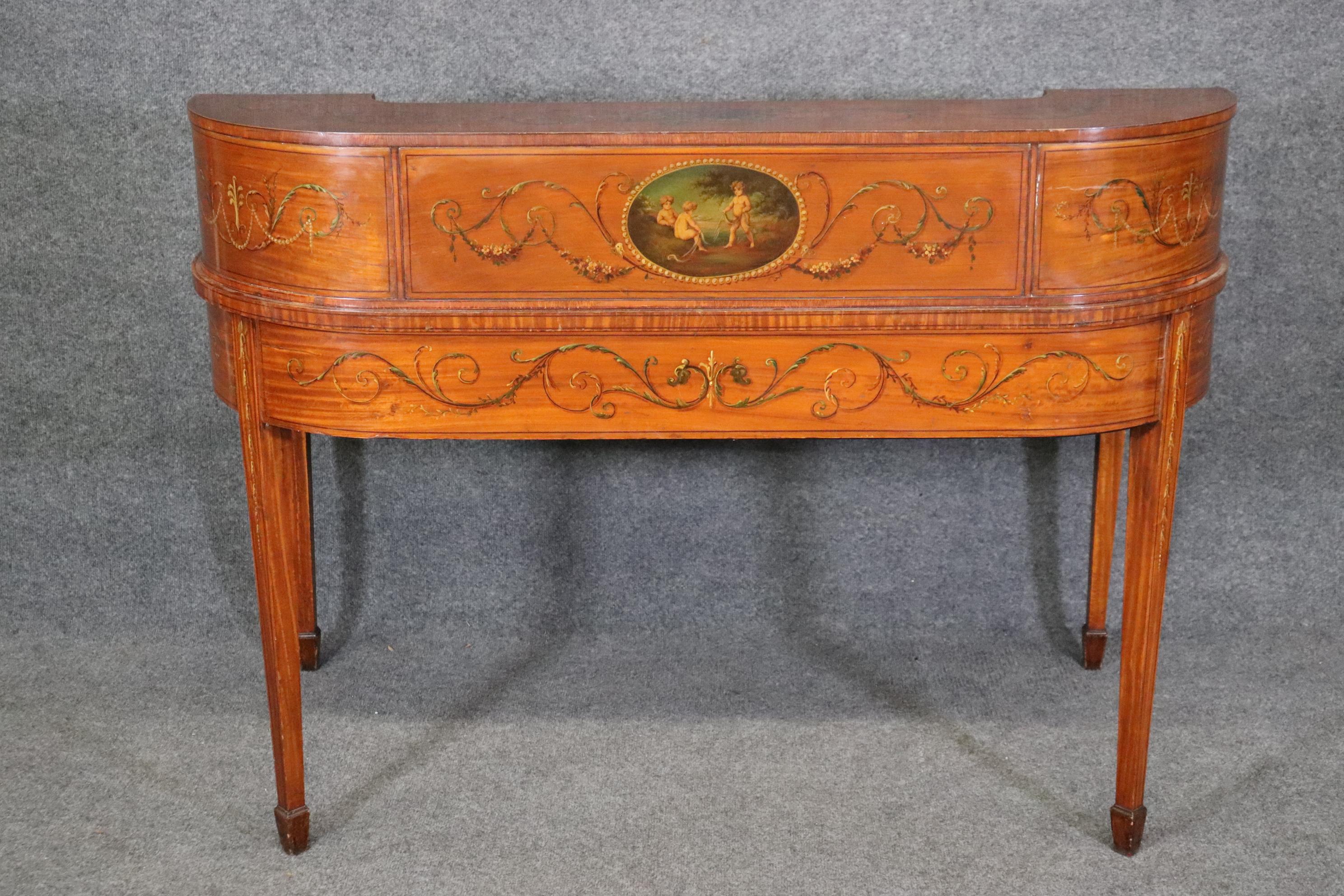Fine Quality English Satinwood Carlton House Desk with Cherubs and Musical Theme For Sale 4