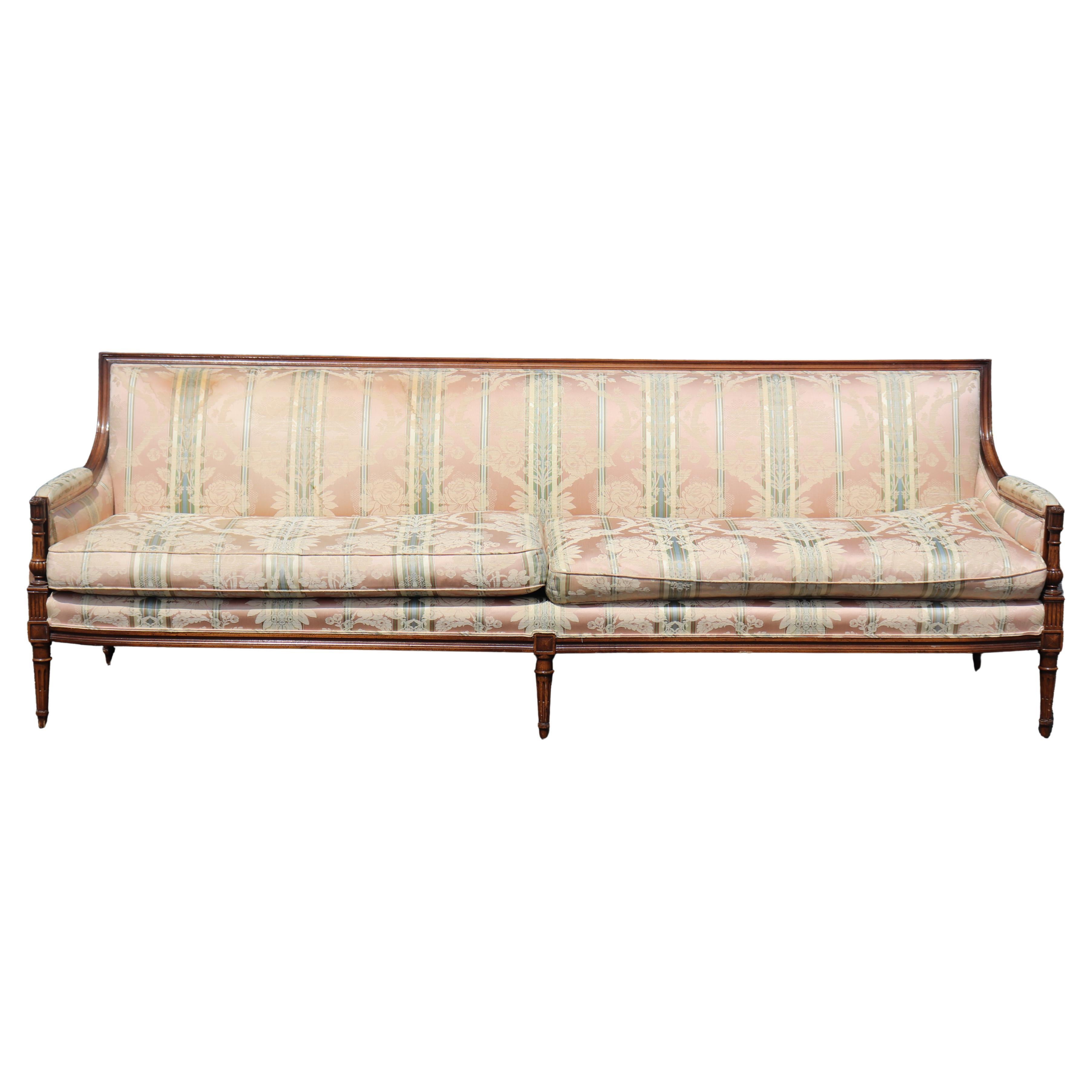 Fine Quality Extra Long Carved Walnut French Louis XVI Settee Sofa 1950s era For Sale