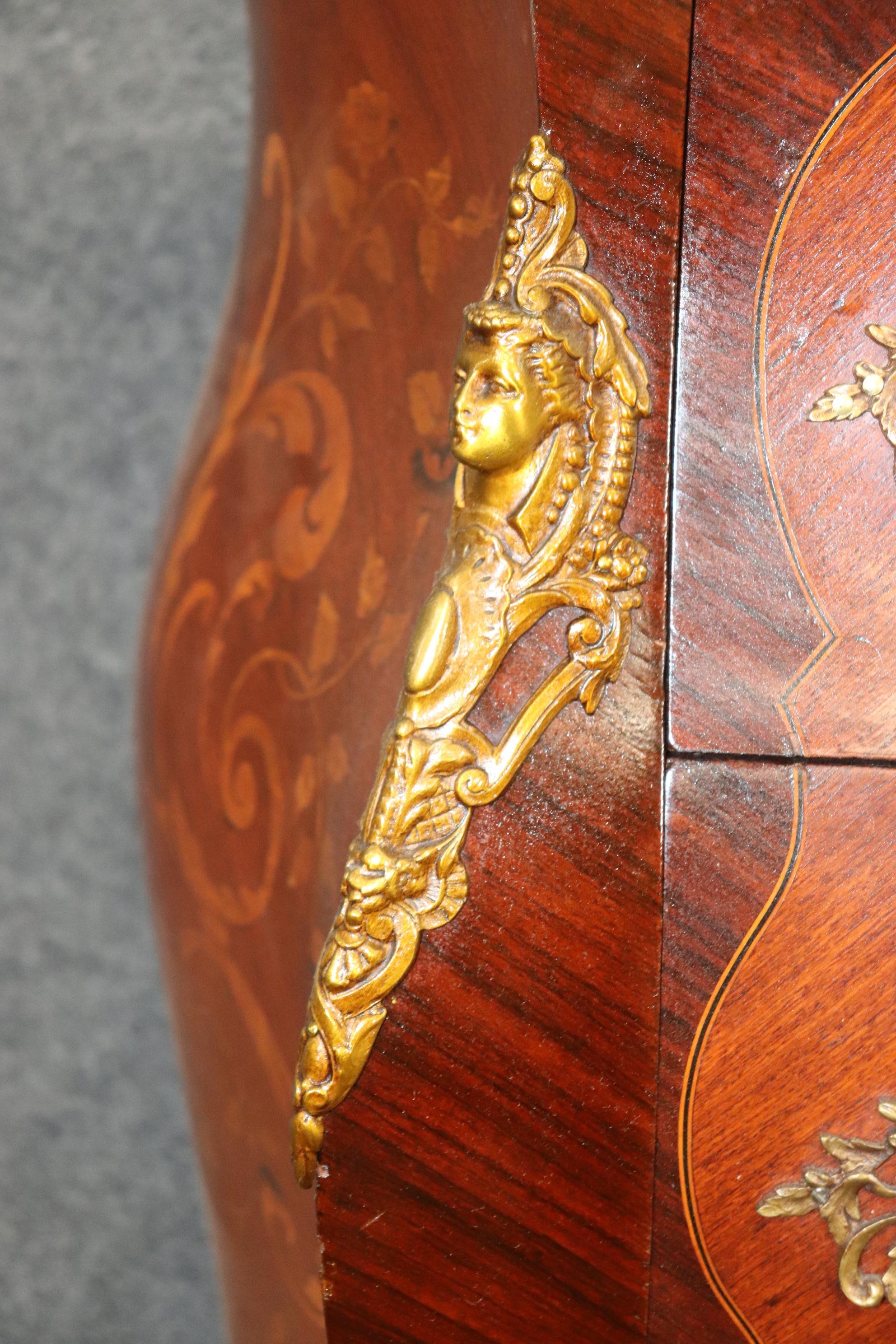 Fine Quality Figural Bronze Inlaid walnut Marble Top Louis XV commode Circa 1910 For Sale 10