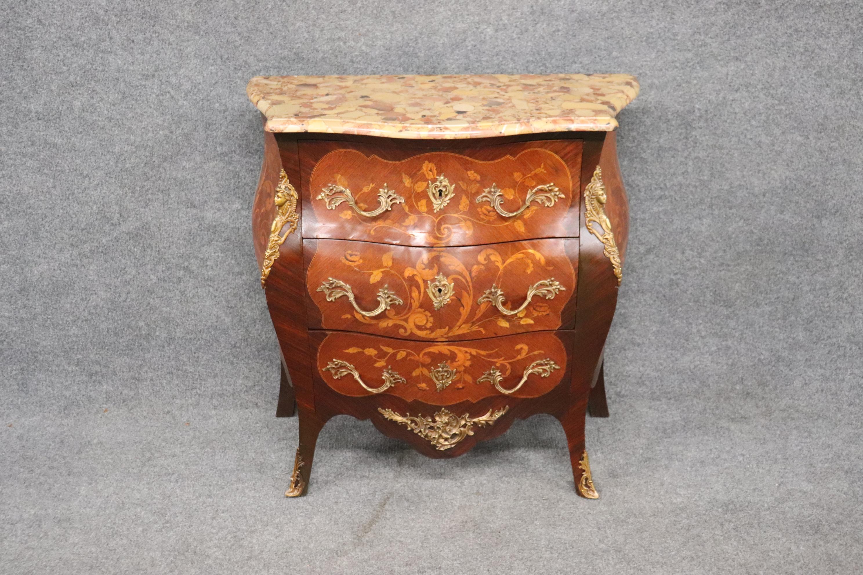 Early 20th Century Fine Quality Figural Bronze Inlaid walnut Marble Top Louis XV commode Circa 1910 For Sale